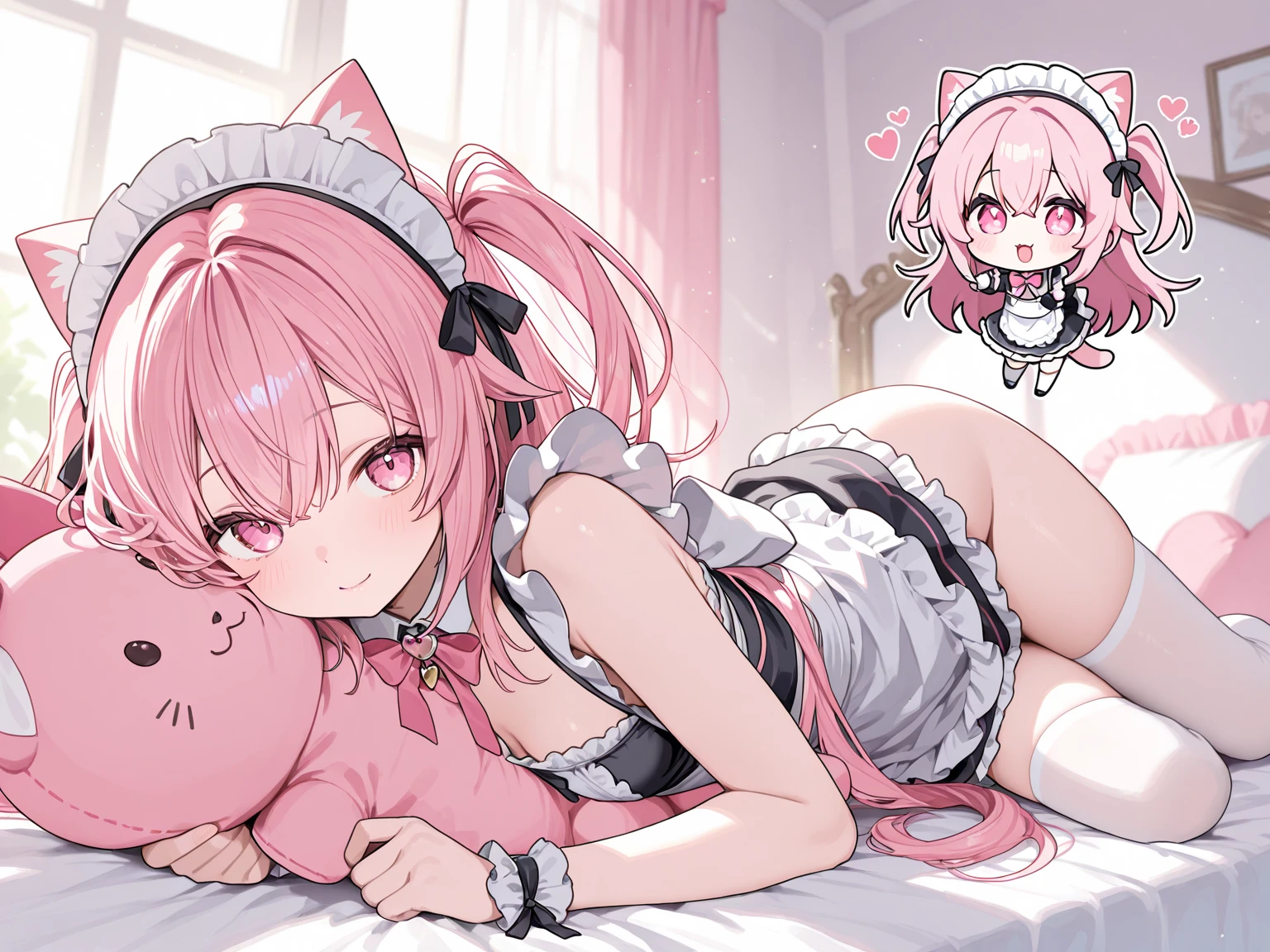 detailing, incredible detail, Detailing clothes, Lip detailing, detailing of panties, 1 girl, beauty, pink flowing hair, Beautiful green eyes, black dress, stockings with garters, stands on all fours, looks at the camera, seductive look, view from above