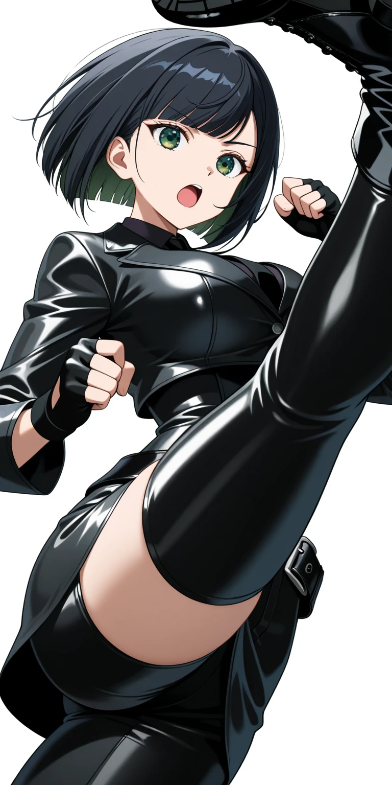 1girl, alone, himeno (chainsaw man), short hair, black hair, black pirate eye patch, green eye, large breasts, medium waist, wide hips, medium thighs, eye patch, Indoor, in office, standing, (latex bodysuit: 1.3), black letex bodysuit, (neckline: 1.3), (tight bodysuit: 1.3) black heels, nsfw, detailed eyes, sexy pose, 1 girl, best quality, shy face, seductive, sexy posture, curvy body, mature woman, 4k, detailed body, detailed face, masterpiece, looking at viewer, head on, focus on breasts, pov (from Middle), (perfect hands), (perfect anatomy)
