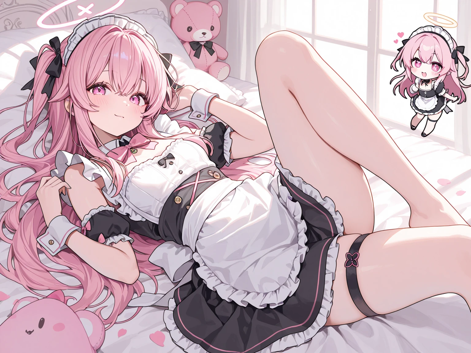 wariza，wrist cutting with cutter，pink hair，cute room，on the bed，tear，two side up，jirai kei，black thighhighs