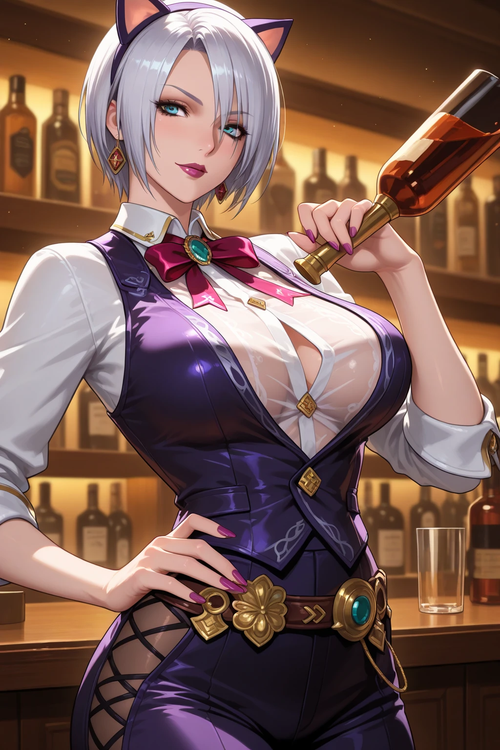 Masterpiece, very detailed, ultra-detailed, one (1 woman), she is naked, with a towel around her neck, with a can of beer in her hand and in a relaxed position, super mature, tall, mom, mature mother, short hair (bob), straight hair, bright white hair, beautiful, charming, bright golden eyes and with a pirate bandage on one eye, elegant, big breasts (huge), cheerful smile, bold smile, charming, she stands against the background of a luxurious office, relaxed atmosphere.