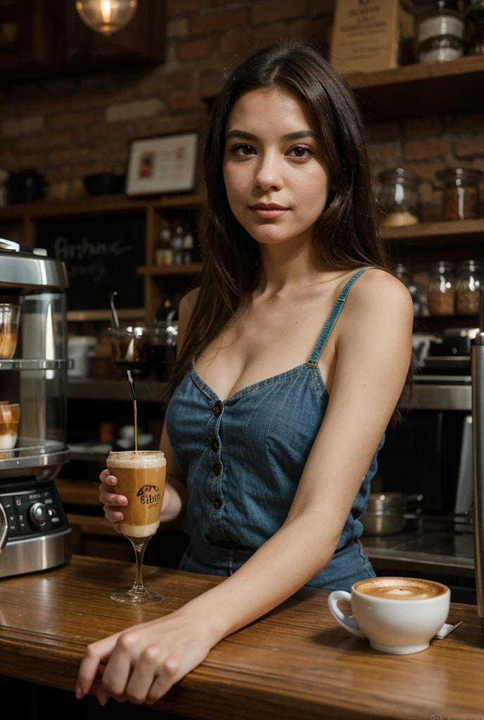 (best quality,4k,8k,highres,masterpiece:1.2),ultra-detailed,(realistic,photorealistic,photo-realistic:1.37),beautiful woman, working as a waitress, 21 years old,smiling woman,long,wavy,dark brown hair,dark brown eyes,happy expression,detailed hair strands,happiness,relaxing atmosphere,upscale coffee shop,dressed in jeans,stylish and modern outfit,comfortable seating area,wooden furniture,cozy ambient lighting,large glass windows,people enjoying their coffee,different coffee brewing equipment,high quality coffee beans,rich aroma,freshly ground coffee beans,delicate foam on the coffee cup,steaming hot coffee,takeout cups,coffee machine on the counter,espresso machines,soft background music,vibrant and energetic atmosphere,warm color palette,neutral colors with pops of earth tones,warm and soft lighting,stylish decor elements,artistic wall paintings,beautifully designed menu board,hanging plants from the ceiling,bright and clean space,to-go pastry options,indulgent treats,detailed coffee cup designs,reflections on the coffee cups,friendly and attentive customer service,inviting and welcoming environment, smooth light, best quality, UHD, high details, best quality, beautiful face, long oval face, deep cahrming look, deep eyes, cinematic lighting, motion blur, film grain, very detailed, 21 years, natural wave hair, dark brown eyes, high-res, masterpiece, best quality, intricate details, highly detailed, sharp focus, detailed skin, realistic skin texture, texture, detailed eyes, professional, 4k, 85mm, shallow depth of field, kodak color vision, perfect fit body, extremely detailed, photo_\(ultra\), photorealistic, realistic, post-processing, maximum detail, roughness, real life, ultra realistic, photorealism, photography, 8k uhd, photography (grain of film) medium shot for closeup shot, longer slimer face, perfect face, MIDDLE SIZE BREAST, sporty slim body, HANDS ARE HIDDEN FROM THE IMAGE, NO MUTATIONS, PERFECT SEXY ANATOMY