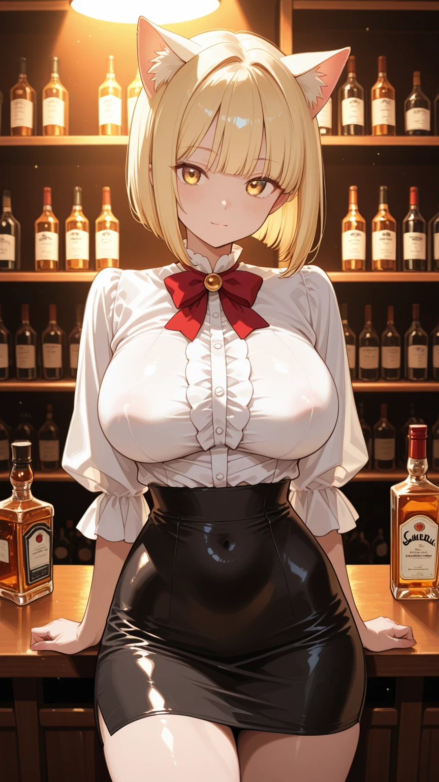1girl, teenager, big breast, blonde hair, short haired, black bra, red hot pants, cleavage, model gesture, bar background, being touched by a man.