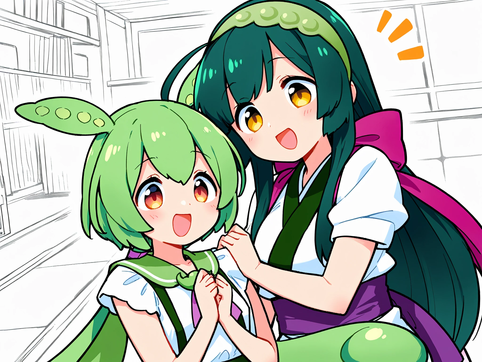 Tohoku Zunko,zundamon,two girls,high resolution,smiling, has an open mouth, top quality