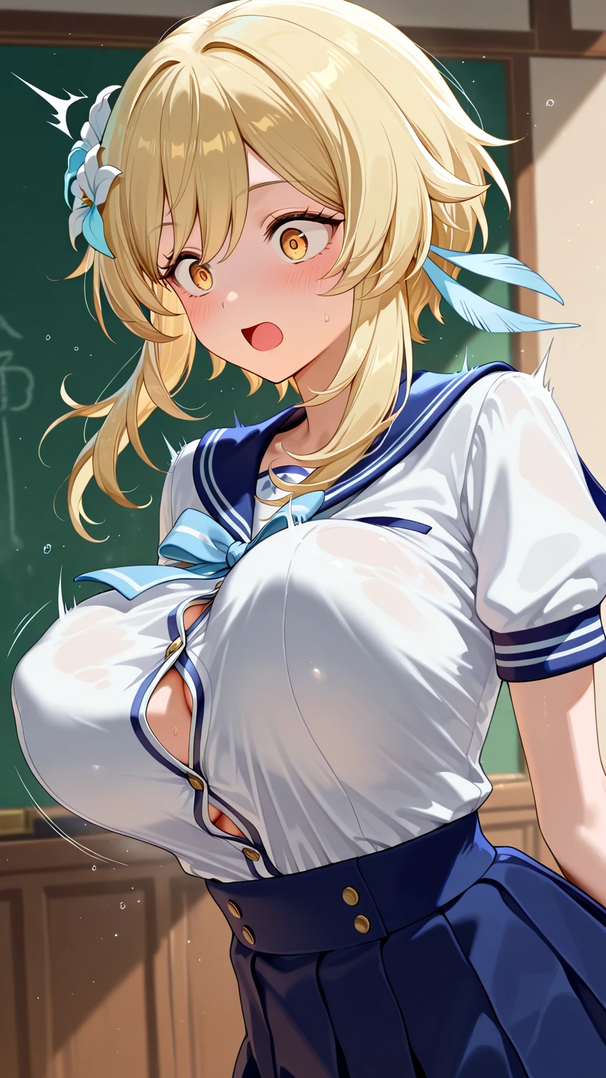 masterpiece, akai haato, hololive, 1girl, bangs, blonde hair, blue eyes, blush,huge breasts, collared shirt, hair between eyes, hair ornament,heart, heart hair ornament, long hair, , neck ribbon, one side up, red ribbon, ribbon, shirt, short sleeves, sidelocks, simple background, smile, solo, sparkle, virtual youtuber, white background, white shirt, cowboy shot, :d, blue skirt,v,waving,blush,sweating,nsfw,closed mouth