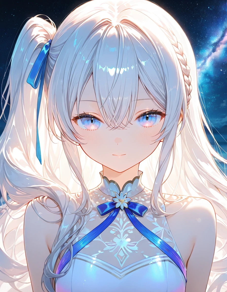 young girl, silver-diamond hair, diamond eyes, beautiful and detailed eyes, long hair with a charming style, scary smile, white Chinese dress ice flakes, ice flowers, surrounded by ice and snow