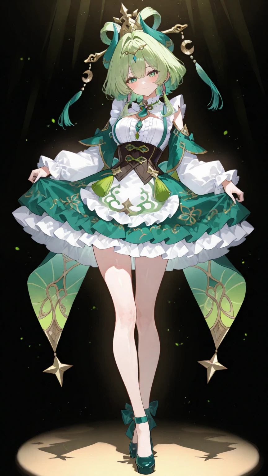 masterpiece,(best quality) magical girl, wepon, green, braided hair, medium sized breasts, unique design, stockings,green and black, magical girl, fullbody( ( character concept art ) )
