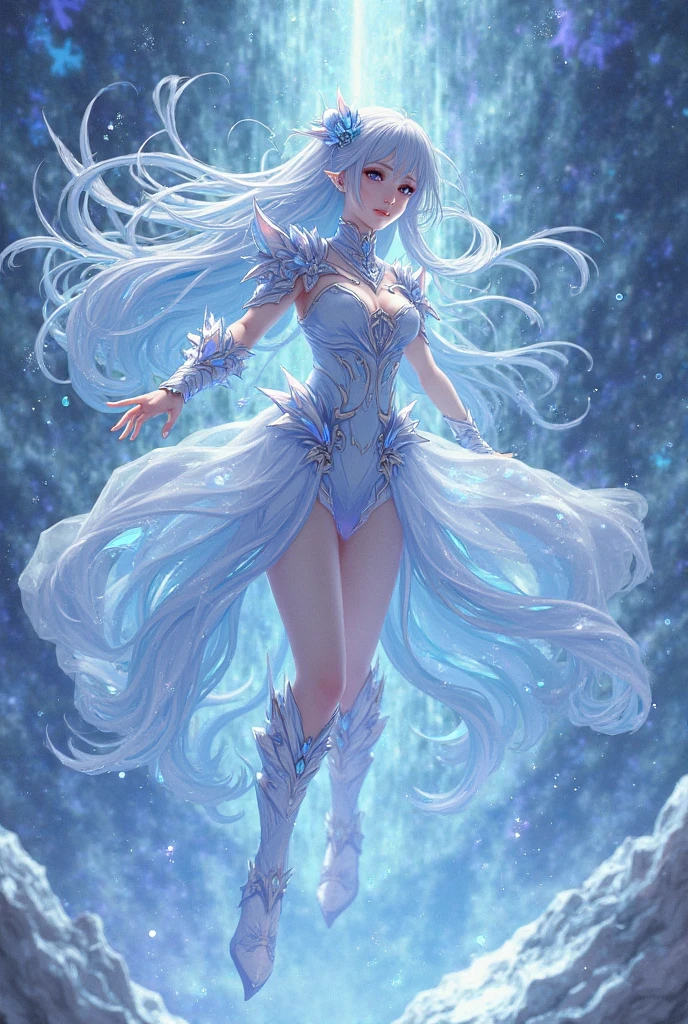 wood, Detailed mini ice spikes and crystals, Frozen waterfall as background, Light reflected on ice crystals, Flowing snowflakes.Beautiful woman、cutegirl,Realistic people