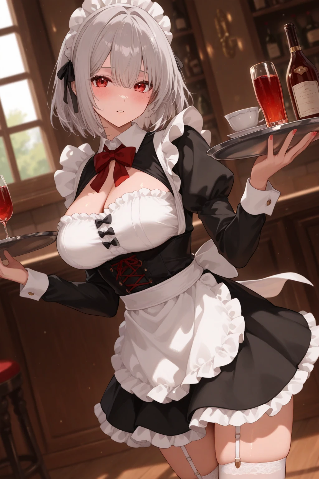 all realistic intricate details, masterpiece,detailed face,detailed skin,detailed eyes,shiny skin,shiny lips,highest quality,.syr Flova, gray hair, syr,maid headdress, green long dress, (((miniskirt ))),apron, smile, Happy, closed mouth, holding tray, bar, Shoulder bag,sitting,beautiful thighs,slender,white lace panties,white garter belt ,lift skirt,slim thighs,clothed,