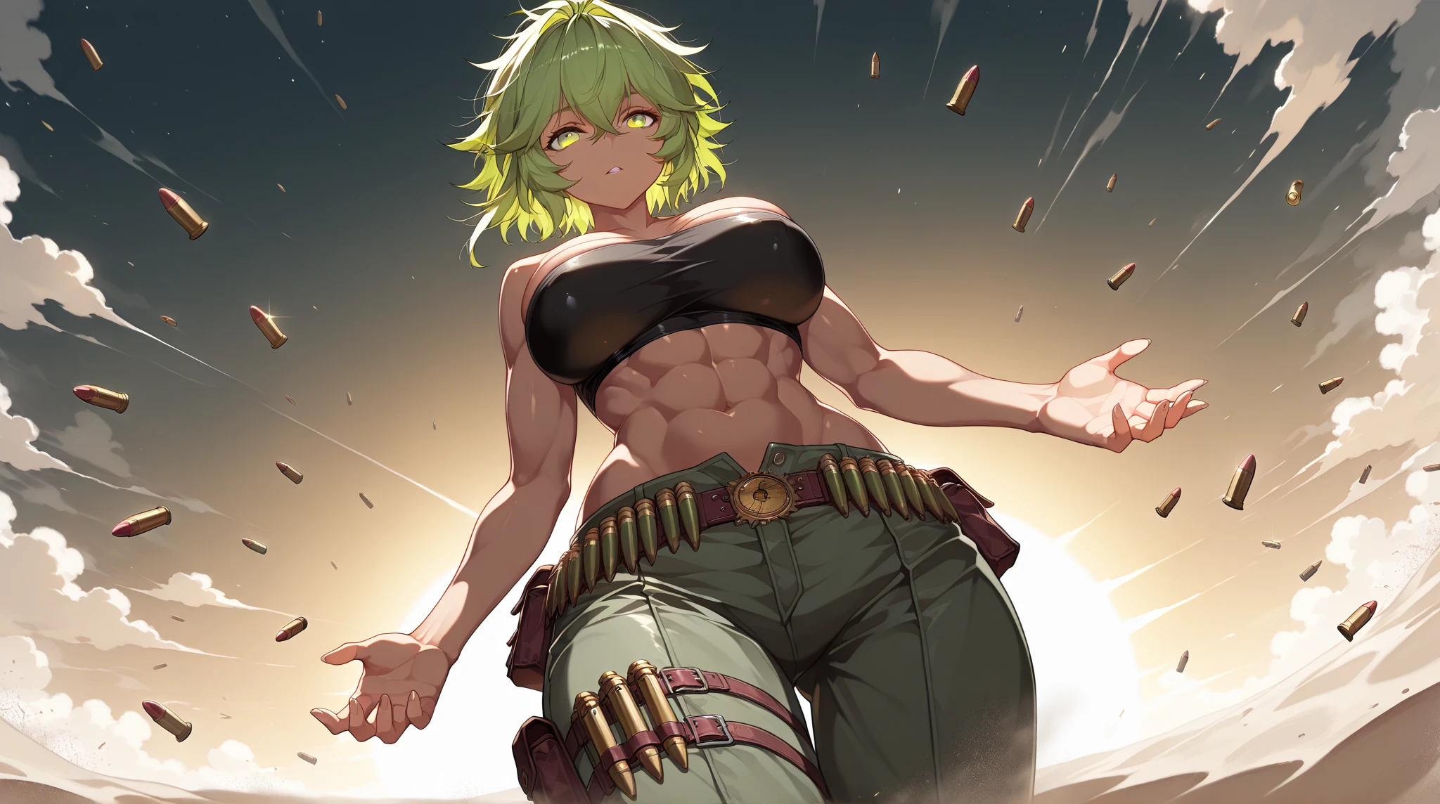 18 year old anime muscle mommy with highligter green hair and pale skin in a neon green thong bikini, and wearing a black surgical mask, flexing her muscles with her hands behind her head so they are not visible to pridefully showing off her rock hard abs while sitting on on a mountain ledge, highly detailed
