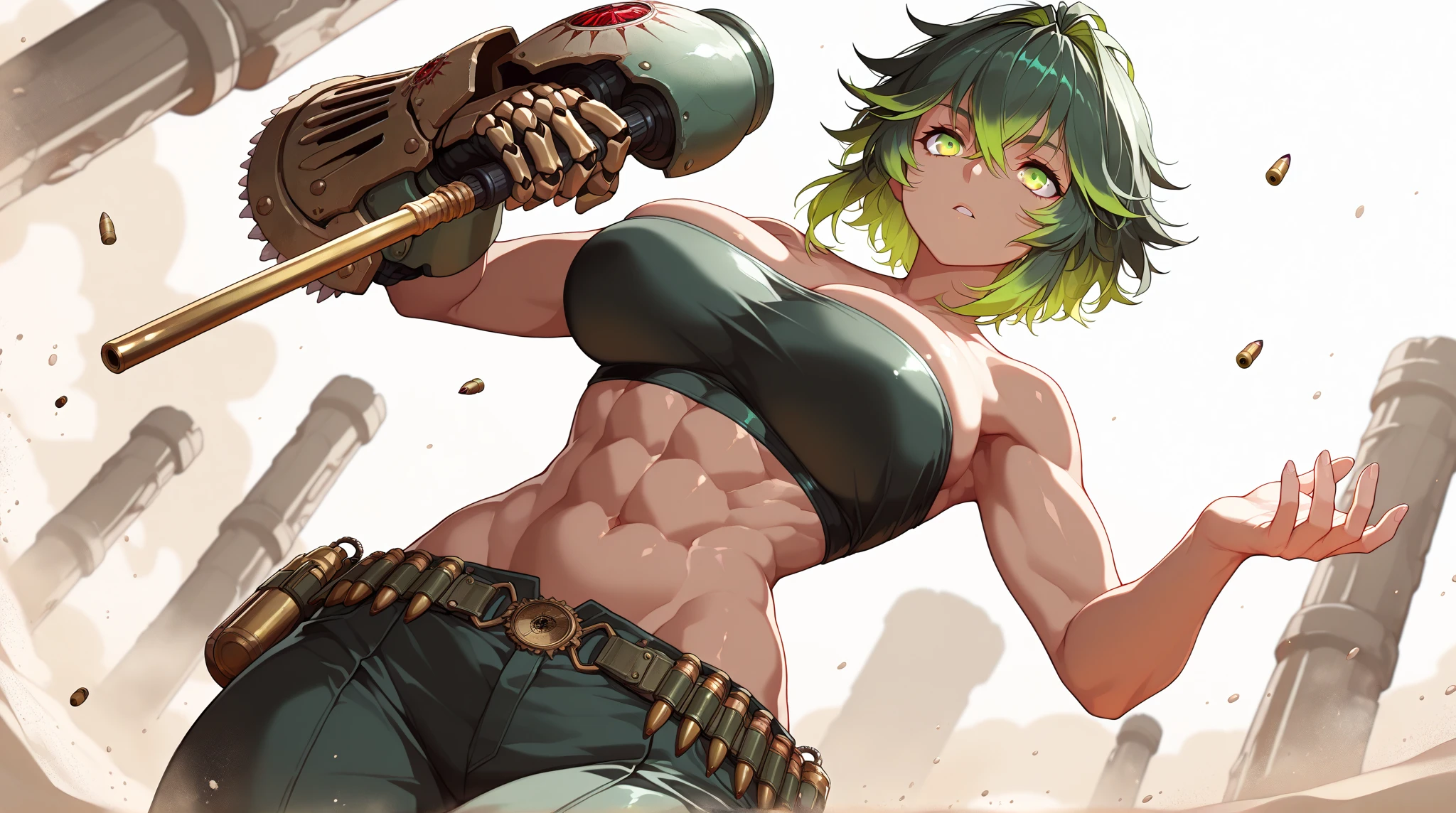 18 year old anime muscle mommy with highligter green hair and pale skin in a neon green thong bikini, and wearing a black surgical mask, flexing her muscles with her hands behind her head so they are not visible to pridefully showing off her rock hard abs while sitting on on a mountain ledge, highly detailed 