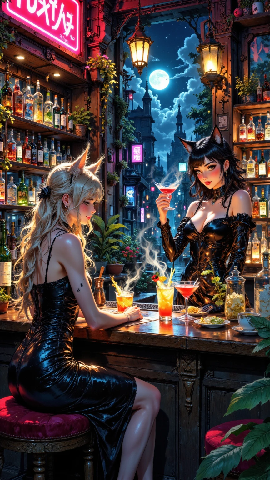 ((highest quality)), ((masterpiece)), (be familiar with), (High definition), 8K, (Accurate), (Realistic), Perfect Face, Cinematic, Best Shadow, (Complex:1.4), (2人のCat耳金髪女性), tall, (Cat耳), Blonde Long Hair, Voluminous hair set, Big cleavage, Narrow waist, Big Ass, glamorous, Alluring, Bikini Protector、tactical suit、Combat Boots、Armament、Decadent future world, NEO TOKYO, Two people sitting on top of a large tank and drinking alcohol, (smile), Cherry Blossom Viewing, Cherry tree, (Cherry Blossoms at Night), (Cat), (Cat), (Cat)