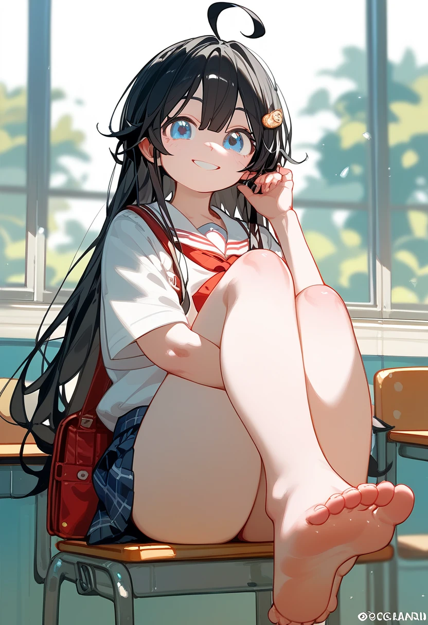 {Highest quality], [Super beautiful], [Ultra fine], [Best illustration], NSFW,Brown Hair, Hime cut,Bangs,Long Hair,girl,,uniform,knit cardigan,Short sleeve,skirt,smile, blush, Slender women,At the Beach,Summer festival,barefoot,sit,Show the soles of your feet