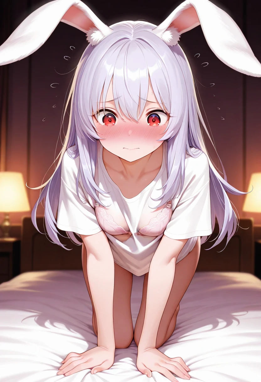 beautiful illustration, best quality, cute girl, bedroom, pastel color, fluffy bunny ears, , silver long hair, rabbit stuffed toy, bright lighting, light pink eyes, no clothing, pussy, not covering pussy, apreading legs