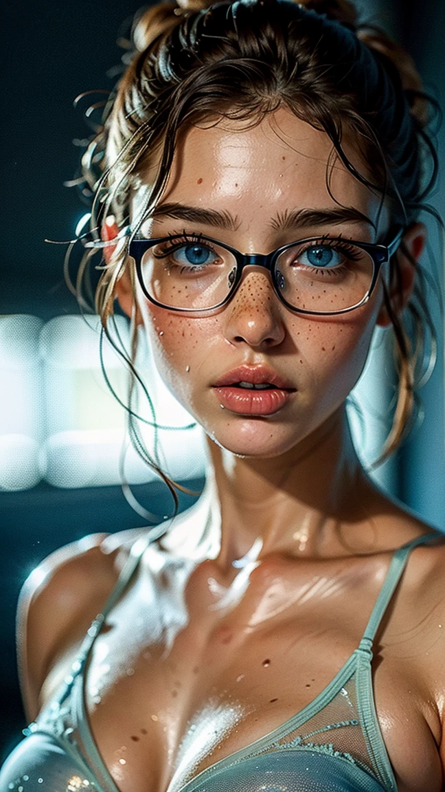 Arafed women, light brown hair, some slightly grey strands, wearing glasses, small lips, realistic skin texture, perfect eyes, realistic green eyes, wearing partially wet red lace bra, wet, water drops from chin, skin pores, dimples, skin impurities, (older skin 0.8), wearing glasses, small lips, narrow nose, slidely shorter nose