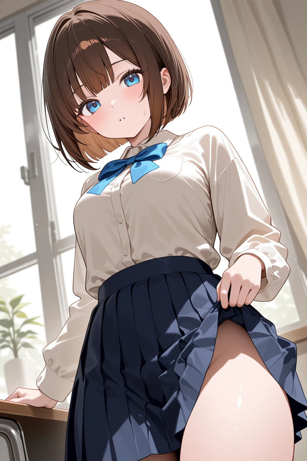((Small Breasts)),nsfw,((Beautiful nipples)),((uniform、Checked mini skirt))、Highest quality、Very delicate and beautiful、I、((10 years old ))、Japanese Girl、Primary school students、((Very short bangs))、((Bangs))、Light-colored hair、Brown Hair、Short Bob、Cute face、Cute like an idol、Yellow Eyes、Are thin、Slim figure、Bright room、Daytime、Nice thighs、Are standing、Embarrassed face、White panties、Shooting from below、Low - Angle、Dutch Angle、Accentuate your butt、Showing off your ass、