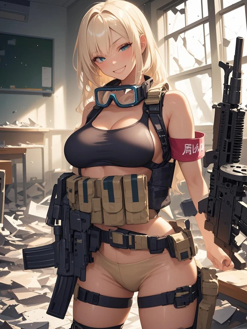 female in swimsuit with gun strapped to waist, up skirt, and head, 1girl, weapon, solo, gun, realistic, ass, blonde hair, shorts, blue eyes, handgun