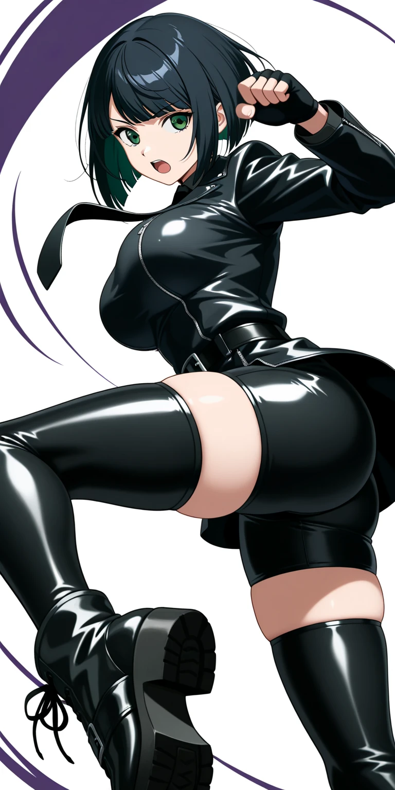 Giantess in a black latex outfit, commission for high res,  black hair, villainess, full body x-force outfit, black latex, in leather armor, dominatrix, extremely detailed, mistress, athletic body, (((1girl))), midriff exposed,  giantess, ((from below)), high heels, smirking, towering over city, destruction
