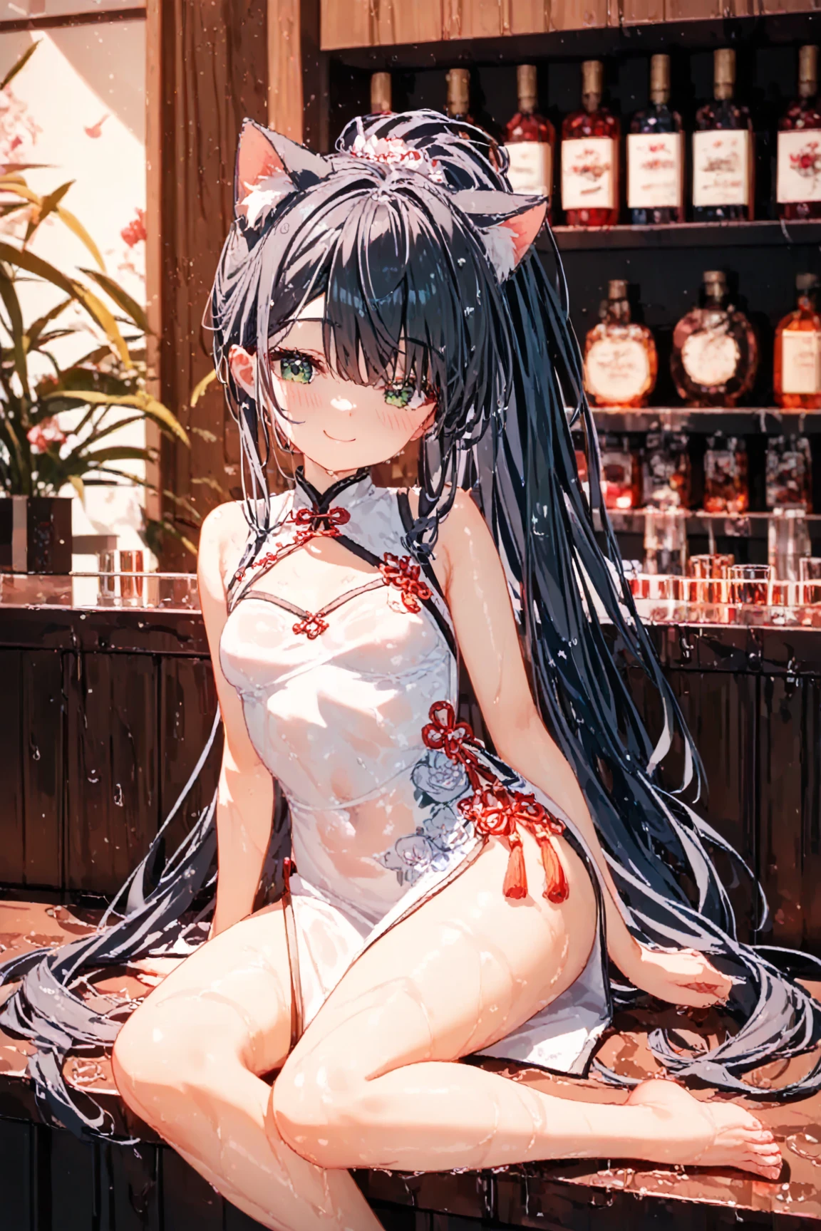 (junkotvv), detailed face、long eyelash、Detailed red eyes、(High ponytail:1.3)、(Red eye:1.3)、(Black hair with cat ears and white mesh.:1.2)、large breast cleavage、thinness、angle from above、outdoor onsen、evening、covering, towel, holding towel, towel censored, hands on own chest, bare shoulDers, collarbone;