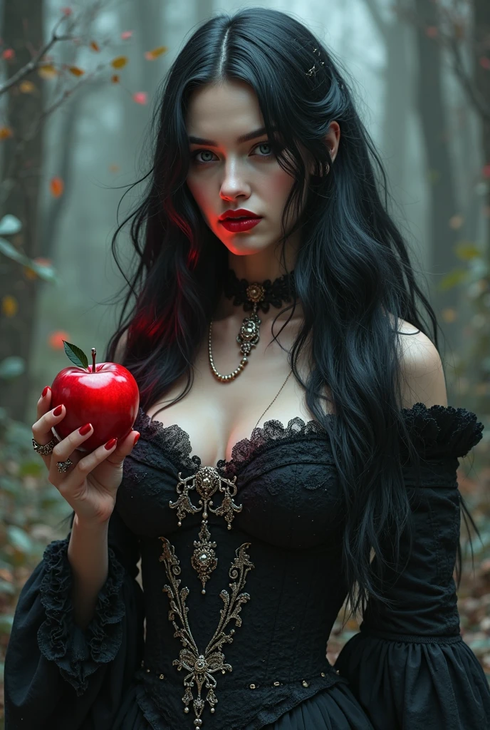 Girl,Black long hair,Black Queen,accessories,Apple in hand,Poison apples,Witch Queen,Red lipstick