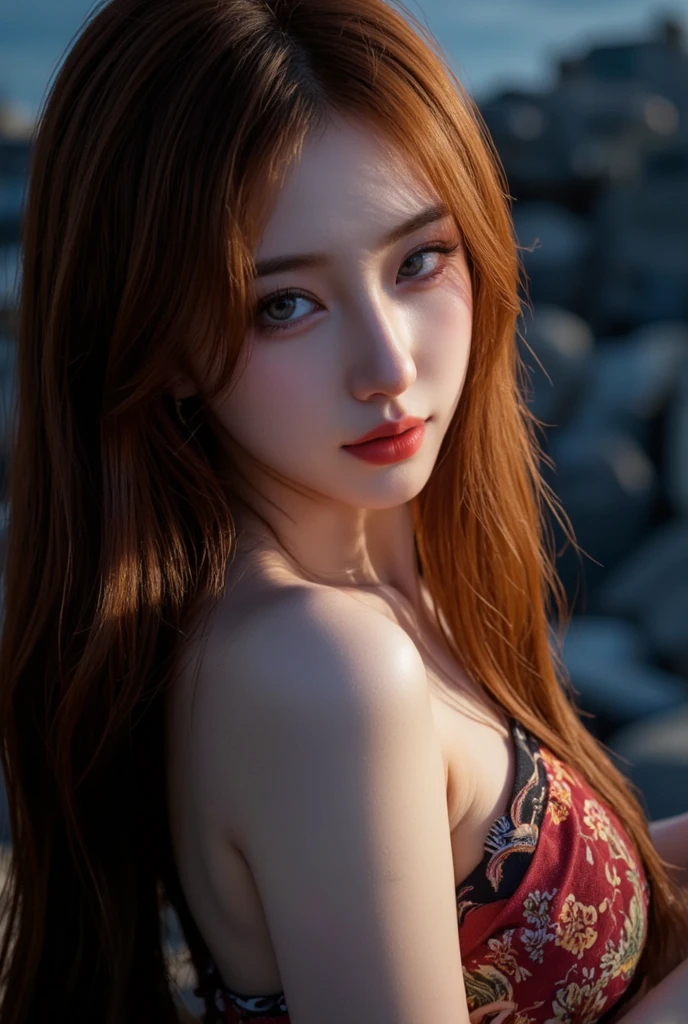 ( High quality , ultra detailed to hand ) ( careful hand ) Zodiac sign- Aries goddess , similar to latin goodness , Brave ,willful ,productive ,enterprising and humanitarian face . Moody, impulsive, impatient, assertive style . sunset reddish hair , transparent dress , in the ocean with sun , whole body , crystal fire eyes ( eye detailed ) . strong powerful make up look . Fire goddess .