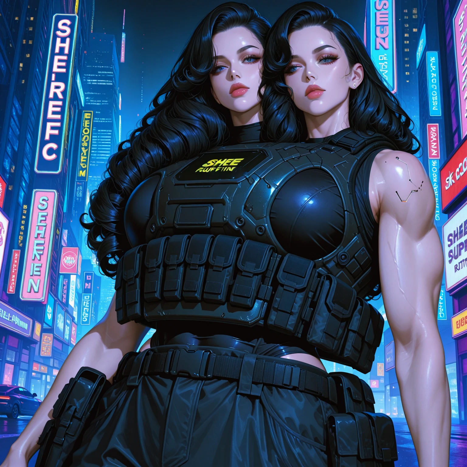 masterpiece, realistic, detailed, young woman, (hypermuscle:1.7), long straight black hair, goth, ((loose baggy oversized black band tshirt)), (innocent expression:1.2), black lipstick, small waist, massive thighs, headphones, tattoos, (detailed face, beautiful face, realistic face), (huge lips) walking, crowded street