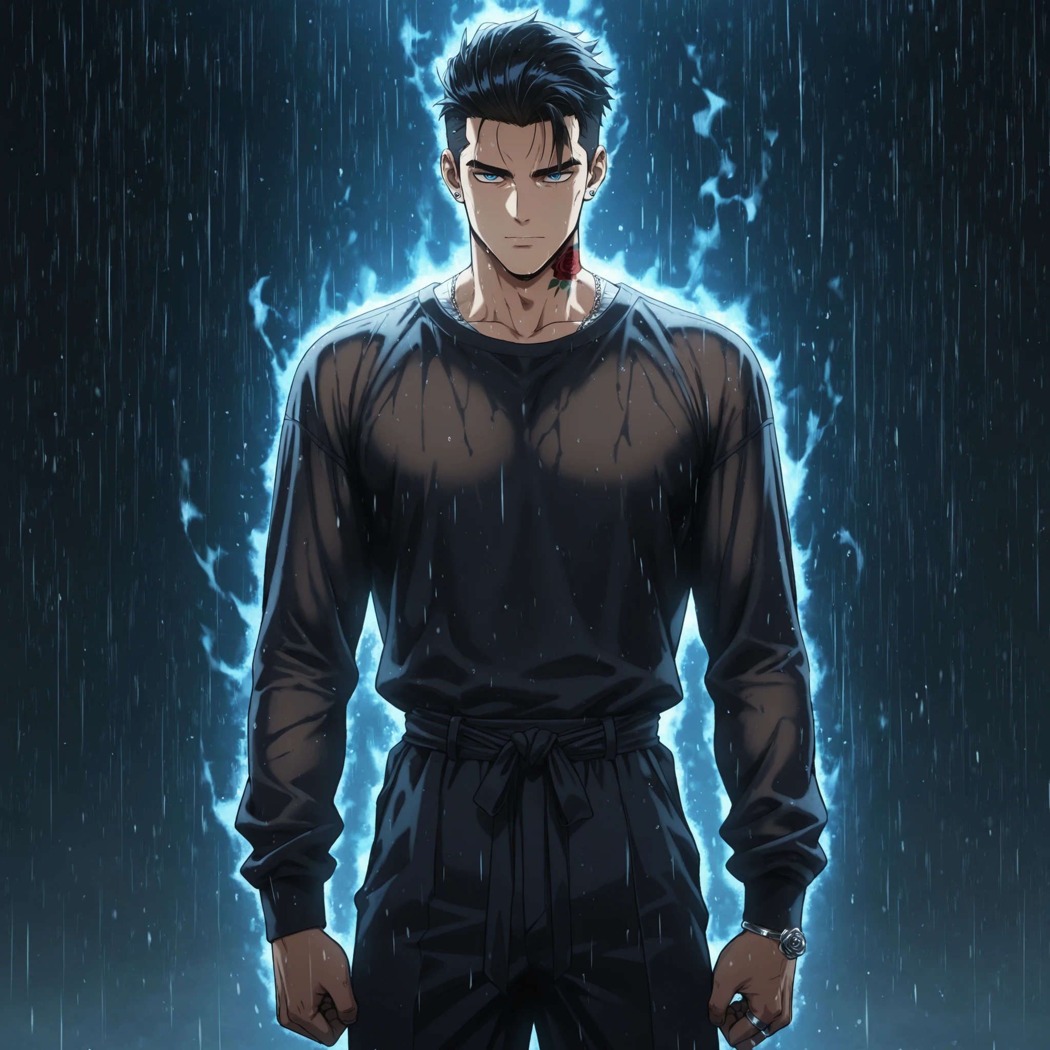 ((Solo Male)), ((Anime style)), Slim Muscular Build, Teen, Short Slicked Hair, Jet Black Hair, Piercing Blue Eyes, Cold Smile, , Silk Undershirt, Silver Rings, Designer Slacks, Rose Tattoo on Neck, Shadow Aura, Standing in Rain, Amazing Quality, Emotionless Expression, perfect generation, masterpiece quality, best quality, perfect background
