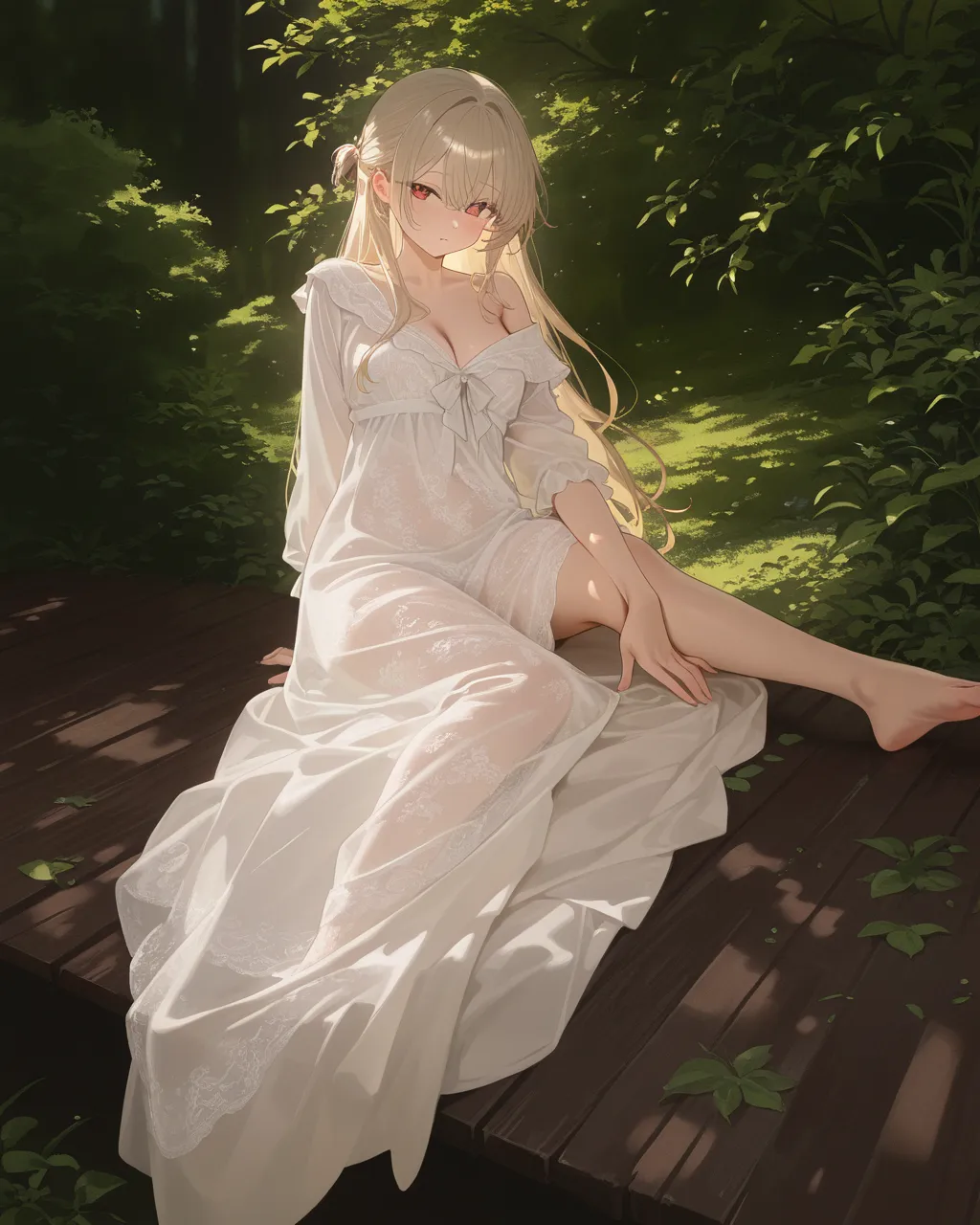 (masterpiece), (best quality), (detailed), Light Layer, 1 Solo Girl, Young girl in the forest, Sexy Sheer Colonial Dress, Perfect body, Blonde hair, Clear , Well-defined collarbone, surreal, lifelike, detailed, Perky transparent nipples, Wet clothes,