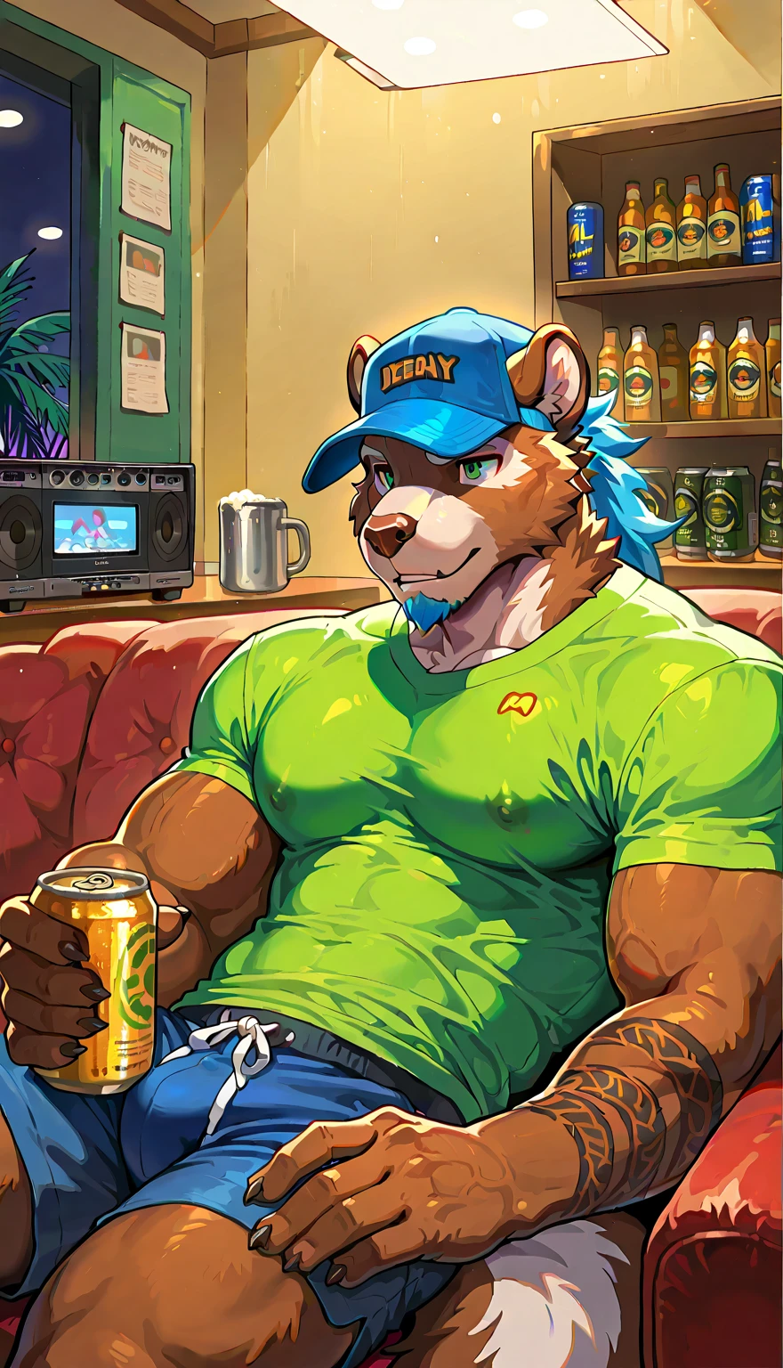 Animated monkey with a full, muscular build triumphantly stands before the audience, clutching two flasks tightly in his hands. His delicate face is etched with lines of deep concentration as his intricately detailed fur cascades down his back. The highest quality animation brings this masterpiece to life, trending on ArtStation, with detailed eyes that sparkle with curiosity and a smiles that radiates masculine expressiveness. The chemicals inside the flasks shimmer with an otherworldly glow, adding to the sense of mystery and wonder. The bright laboratory setting in the background is filled with a depth of field effect, showcasing rows Upon rows of scientific equipment and beakers with precision. By Papapap
