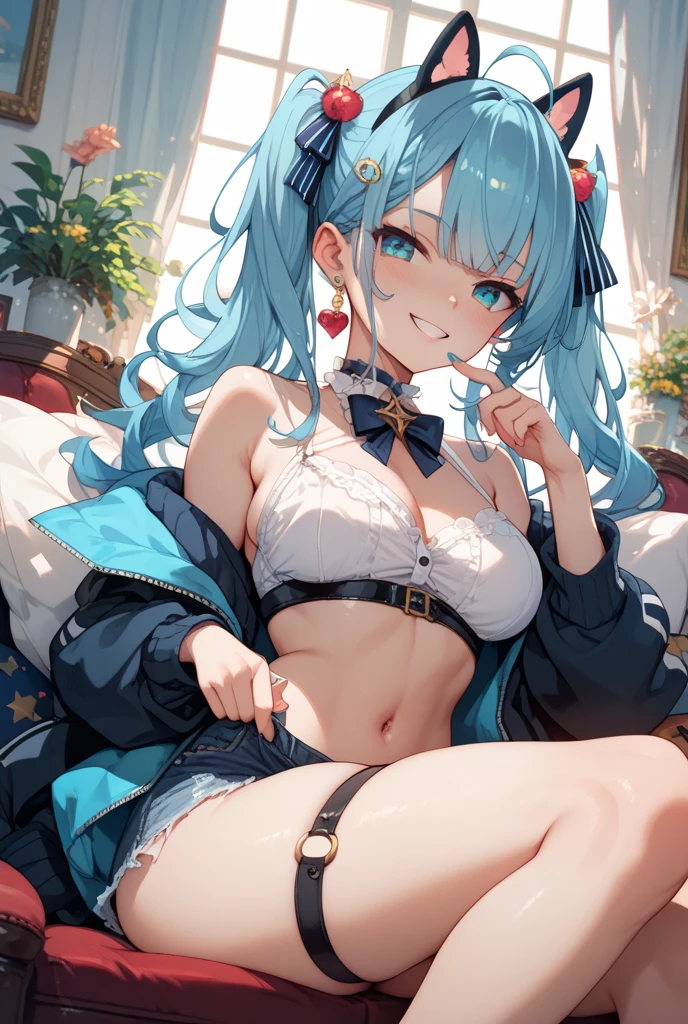 ((masterpiece)), ((highest quality)), ((8K)), High resolution, 1 girl, Cat ear, white skin, big breasts, aqua eyes, light blue and blue hair color, bedroom, Starry night, Liar, orgasm, crying smile, fetal position, panties, good