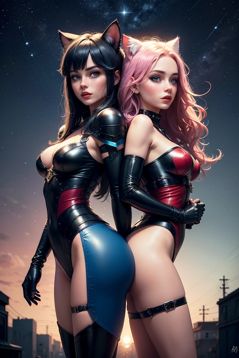2 garotas de 18 anos com cabelo colorido em uma cidade cyberpunk
