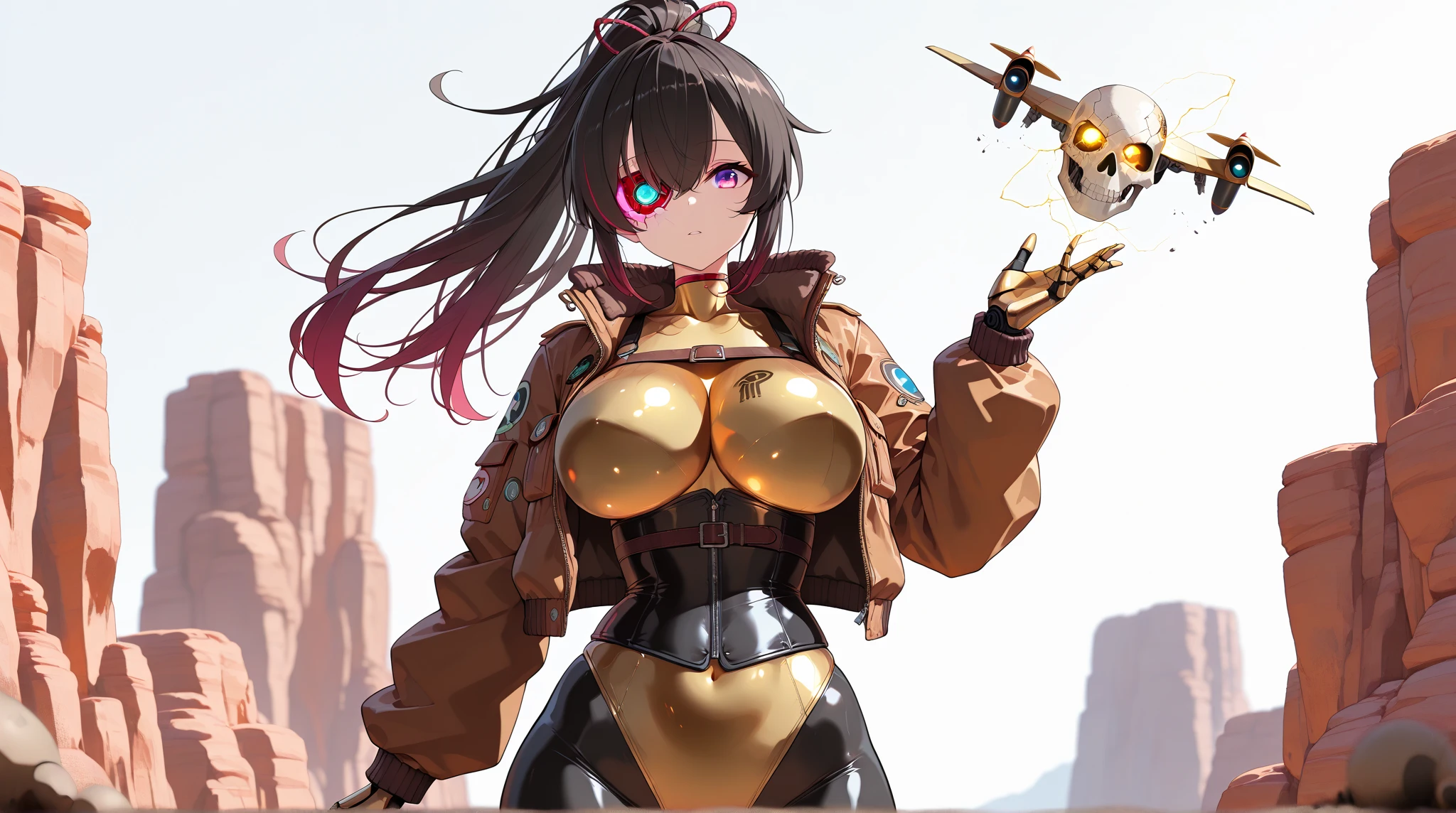 Sexy girl with a robotic arm, pelo lila con flequillo, falda muy corta, braless, pezones, Realistic style in a post-apocalyptic desert landscape, NSFW, (sonrisa siniestra) vista desde el piso