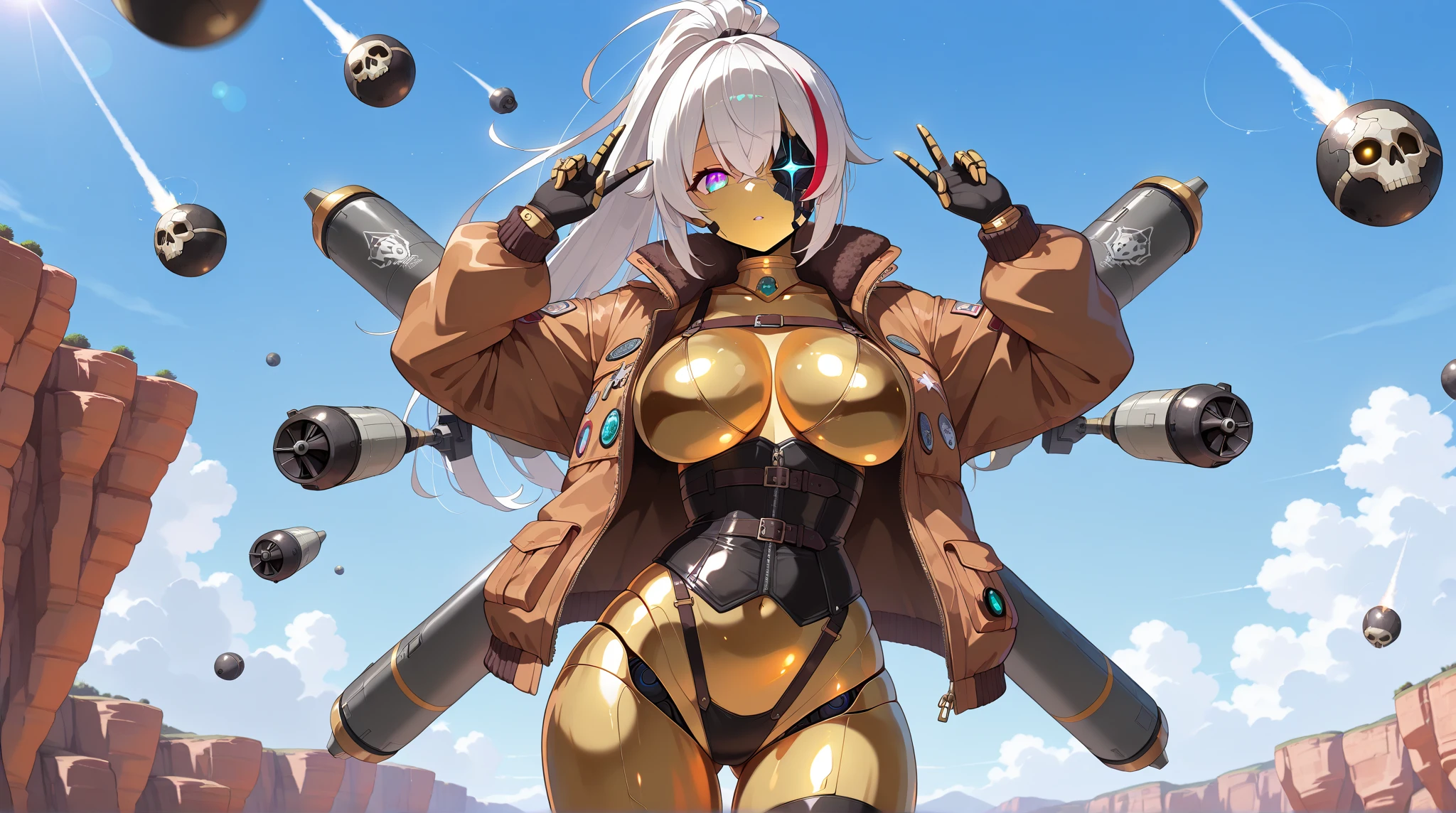 Absurd, High resolution, Very detailed,
One Girl,Oversized hooded jacket,whole body,
Has a giant mechanical chainsaw,Camel Toe、Giant tit、Nipple Puffs、Cleavage、Plump、Super big breasts、Super big butt