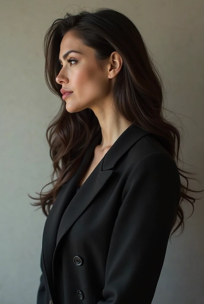 Create an image of a 25-year-old woman, hetero, with 1,75m tall and a highly defined body, at a business event. She is wearing an elegant dark-colored feminine suit, consisting of a fitted blazer and tailored trousers, that highlight your slender figure and toned muscles. Her light brown hair is tied up in a sophisticated bun., with a few loose strands framing your face. She's smiling professionally, with an expression of confidence and charisma. Your brown eyes are expressive and attentive, reflecting your intelligence and communication skills. Ao fundo, one can see a modern office environment, com mesas, chairs and co-workers talking. His posture is upright and elegant, with one hand holding a folder and the other resting at the side of the body. The image conveys a sense of professionalism, competence and charm, with woman standing out in a corporate environment.
Her face is a harmonious expression of beauty and strength. With oval shape, your cheekbones are pronounced, accentuating a sleek, symmetrical bone structure. Your eyes are big, a deep and expressive brown, reflecting your energetic and empathetic personality, MBTI ENFJ characteristics. The eyebrows are well shaped, providing an expression that is always attentive and engaging. The nose is small and straight, adding a touch of delicacy to your appearance. The mouth is full, with plump, naturally pink lips, that curve into a confident and welcoming smile. The jaw is defined, stark, but softened by a feminine lightness. Their ears are proportional and well contoured, framed by long hair, smooth and light brown, that complements your elegant and sophisticated style. Every detail of your face reveals the perfect combination of charm, Intelligence and determination.