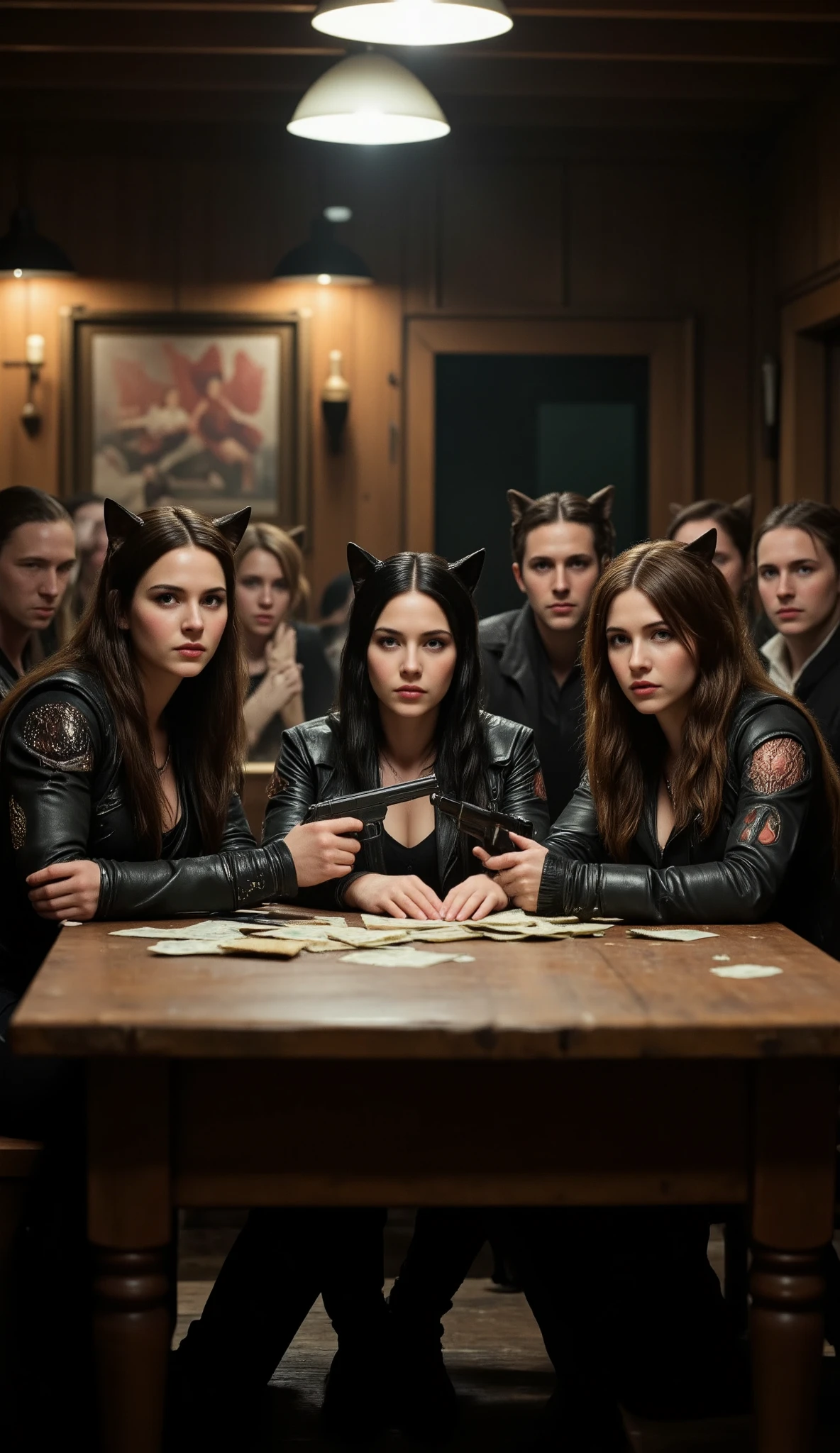 highdefinition images、A scene from the movie、The western bar scene、cat eared women holding guns at the table, money hunters gunmen、people々is surprising for some reason everyone has cat ears
