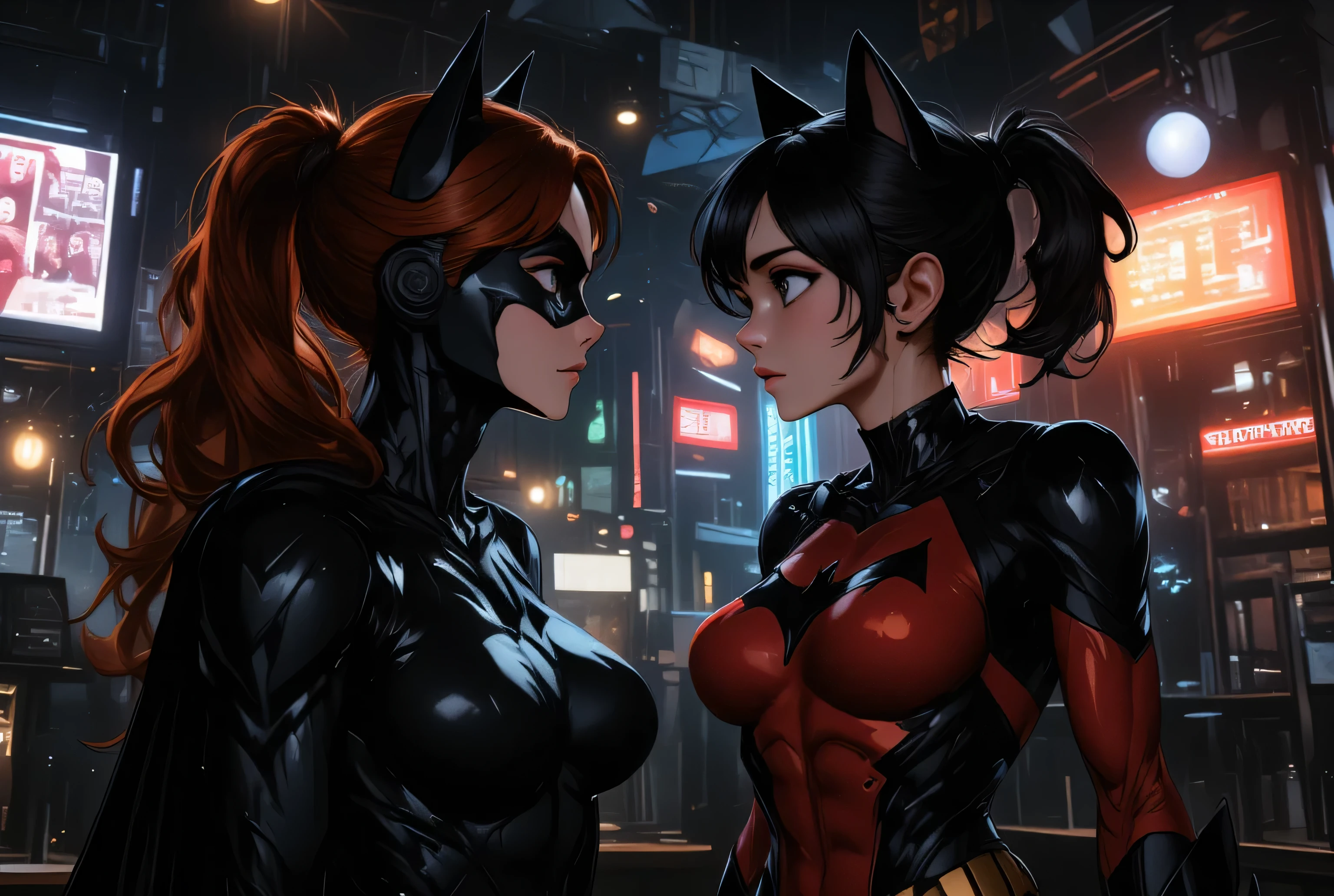 Two strangers: Batgirl and Catgirl, meet in a bar and are baffled by each other, (Batgirl: Barbara Gordon, pretty face, redhead, hairbun, mask, black formfitting costume, cat ears), (Catgirl: pretty young sidekick of Catwoman, short stylish black hair, mask, red formfitting costume with black cat emblem, cat ears), bar interior, detailed facial features, expressive poses, puzzled confrontation, dramatic lighting, light atmosphere, cinematic framing, light tones, mildly humorous, semi-realistic, 8K, digital painting, masterpiece
