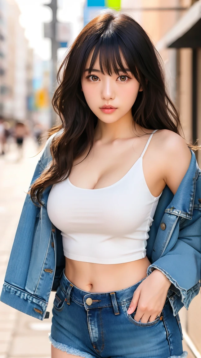 1 girl, 18 years old, Mix 4, (8ก, raw photos, best quality, Masterpiece: 1.2), (realistic, photorealistic :1.37), cute, nighttime, rain, moist, professional lighting, Photon mapping, Radiation, semi pants, bare thighs, Physical rendering, Ultra high resolution, (big breasts: 1.3)