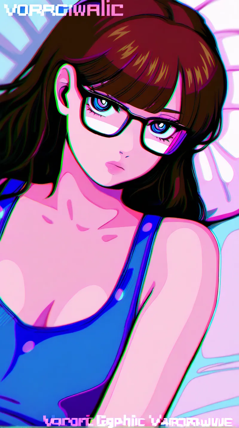 "A young adult Latina woman with long black hair styled in curtain bangs, very beautiful, with medium-sized, pointed breasts, thin legs, a small butt, slightly full lips, and large brown eyes. She is wearing jeans and a short black blouse with no neckline. She also has aviator-style glasses."