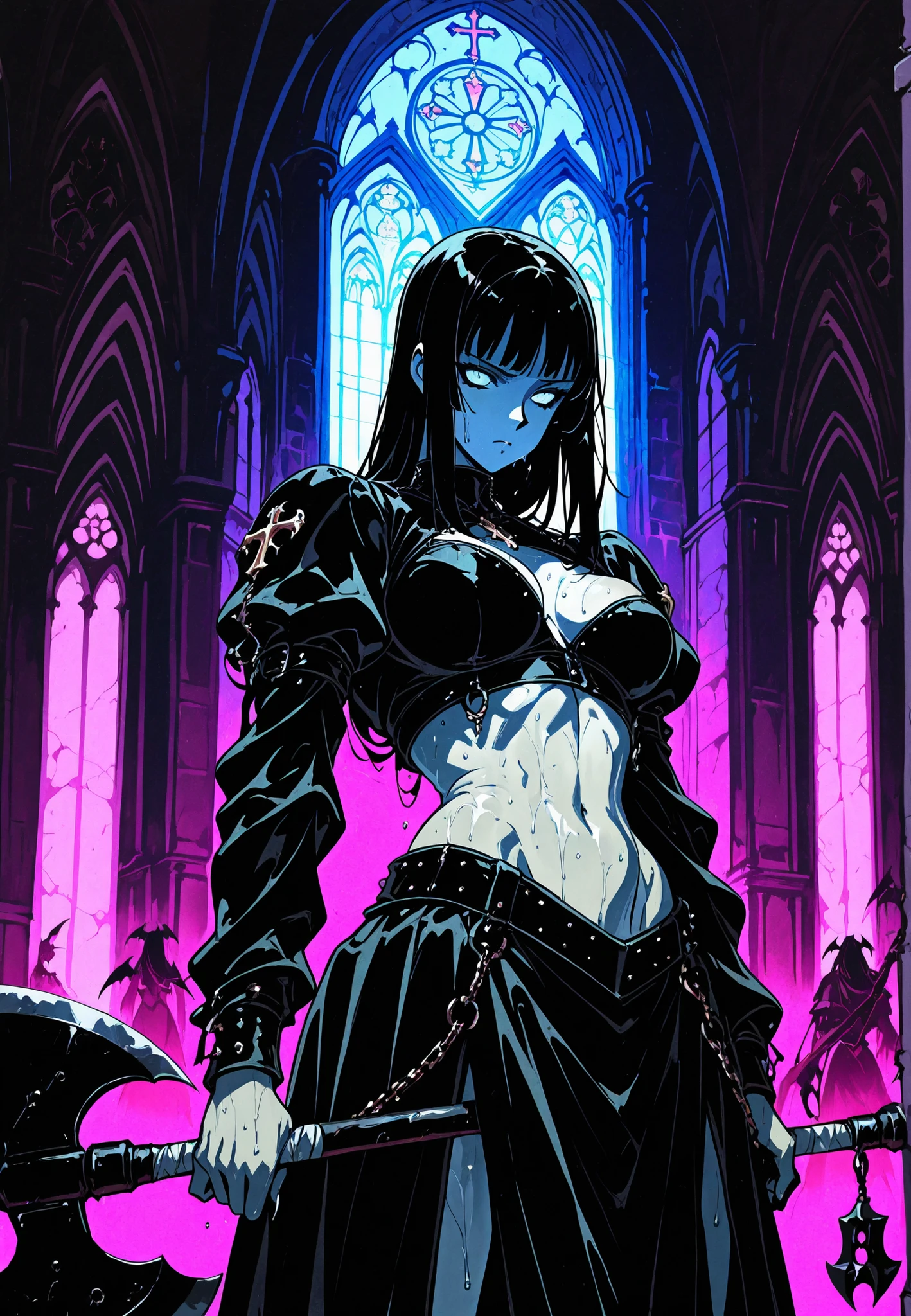 Gargoyle girl, upper body shot, goth make-up, gray rocky skin, breasts, church, holding an axe, bare belly, exposed midriff, pierced, long black hair, sweaty body, tattoed background: cathedral, dark atmosphere, violet light, dark background,