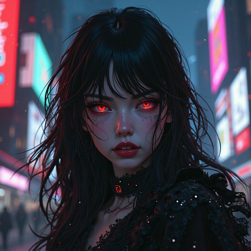 intricate detail, A close-up  photo of cyberpunk:.7 vampire:.2 goth women  of different ages and sizes wearing various goth outfits and poses, glowing red eyes, glossy scarlet red lips, pale porcelain skin, short hair, brunette, laughing, staring angrily near a alcohol stall,  (London Piccadilly circus),  very detailed, Cinematic lighting, with volumetric rays and bloom effect,  rain,  (shallow depth of field:1.2),  bokeh:1.2, sharp focus detail, dramatic lighting ,night time,    photorealistic digital art trending on Artstation 8k HD high definition detailed realistic