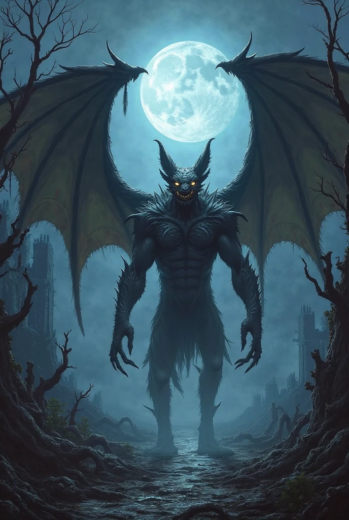 A monstrous figure with glowing red eyes and sharp fangs, partially transforming from a human to a bat-like creature, under a starless sky."