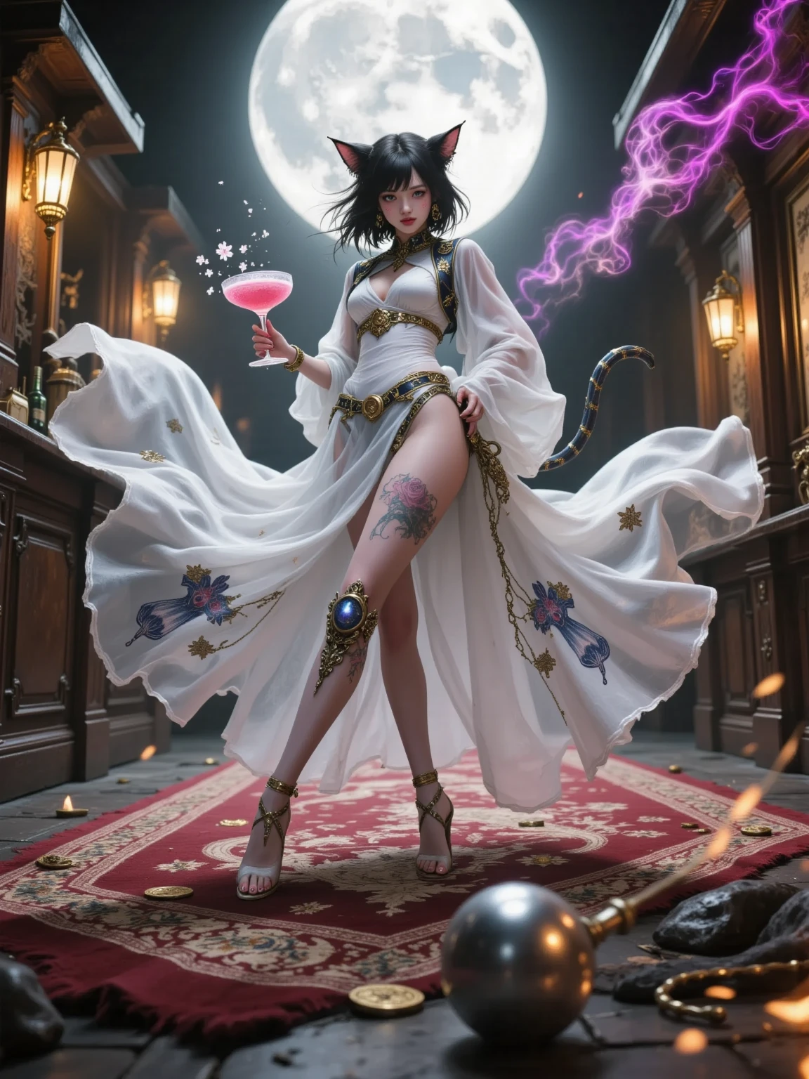 There is lost coliseum there stand female lionessin battle stance, she have ebony colour skin beautiful yellow cat eyes dark gold eyeshadows make up, ring style earrings, her hair is purple with pink highlights . she dressed in white neather topic with golden parts on countures also short and white leather straps on her cat legs instead of boots, her hands have hude ruby claws on her fingers, (ultra high quality fantasy art, anime fantasy style, masterpiece, ultra high quality character design, 8k quality anime art, realistic anime art, top quality wallpaper illustration, detailed ultra high quality accurate face, high quality design and accurate physic)
