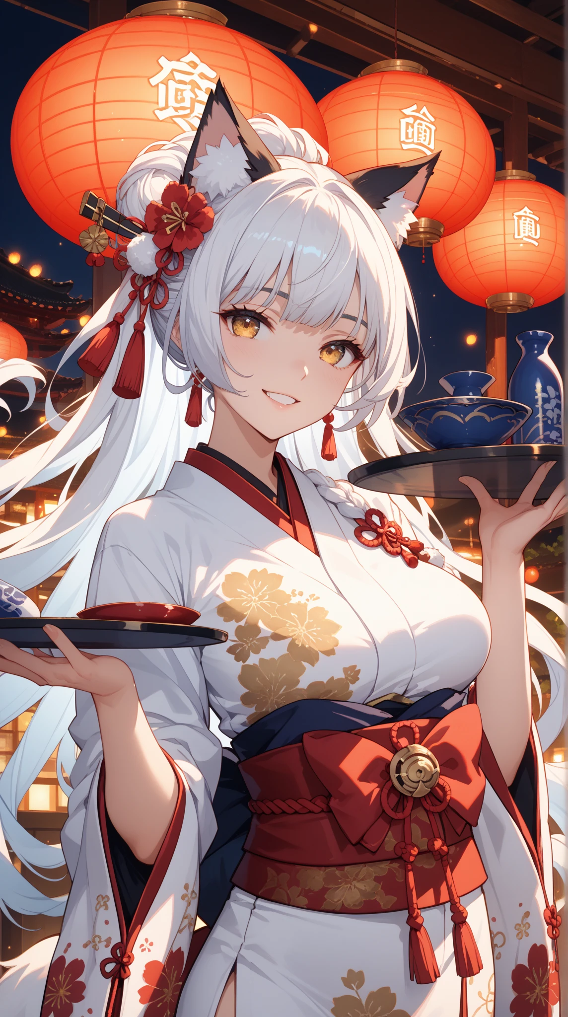 （（tmasterpiece：1.4, Best quality at best））+, （hyper-detailing）+, （Delicate red eyes：1.5）+, Blind girl，（Meticulous ears：1.5）, （cute girls）, （Exquisite and gorgeous Hanfu：1.5）, Long hair details, curlies, （wariza：1.2）, pale-skinned, （white cloth：1.5）, （long white pants：1.4）, wine jugs, fresh flowers, long wooden staff，Green leaves，grapes，aprons，Floating stones，floating ancient city, bazaars，Giant wood, （Female shopkeeper：1.1）, （dawn light：1.2）, ）, （Close-up cleavage：1.1）, (elevation perspective:1.3), forehead jewel, Colored inner hair, Striped hair, Sad smile, disarray&#39;s gem branch, silber hair, first person perspective，the only person，