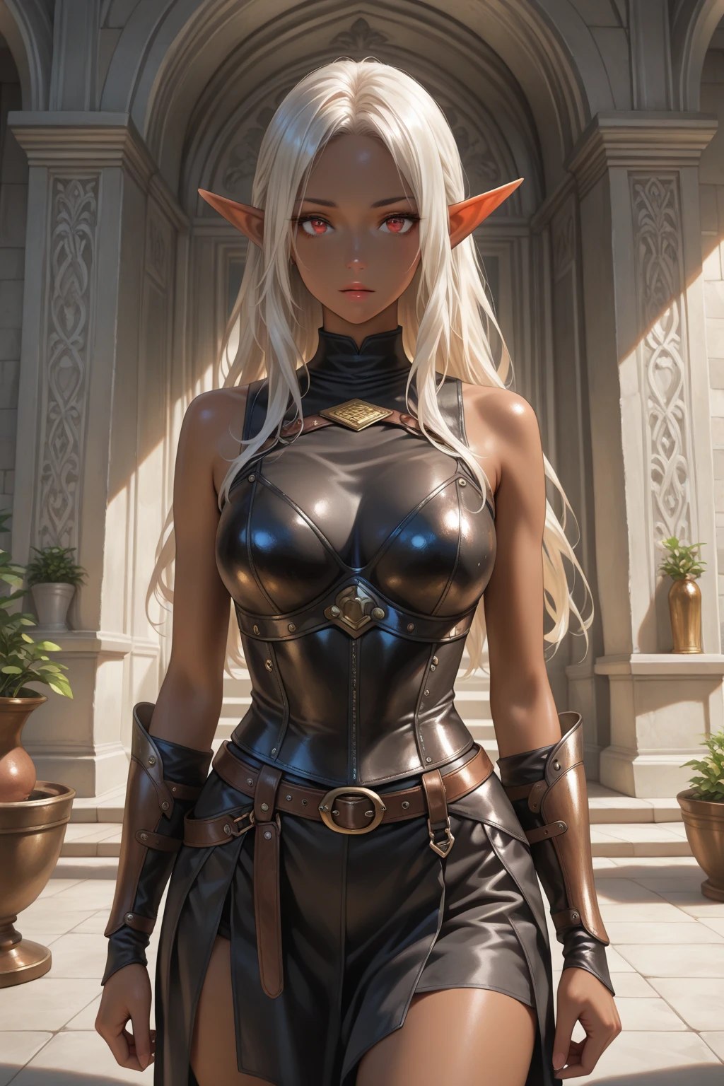 1girl, (solo), elf, long asymmetrical hair, white hair, long pointed ears, purple eyes, serious, blushing, (medium breasts), dark skin, (knight), chainmail, plate armor, medevial castle behind, medieval castle town, (days), (very sexy body, detailed face, detailed eyes, masterpiece, highly detailed, 8k, best quality, vibrant colors, digital art, concept art)