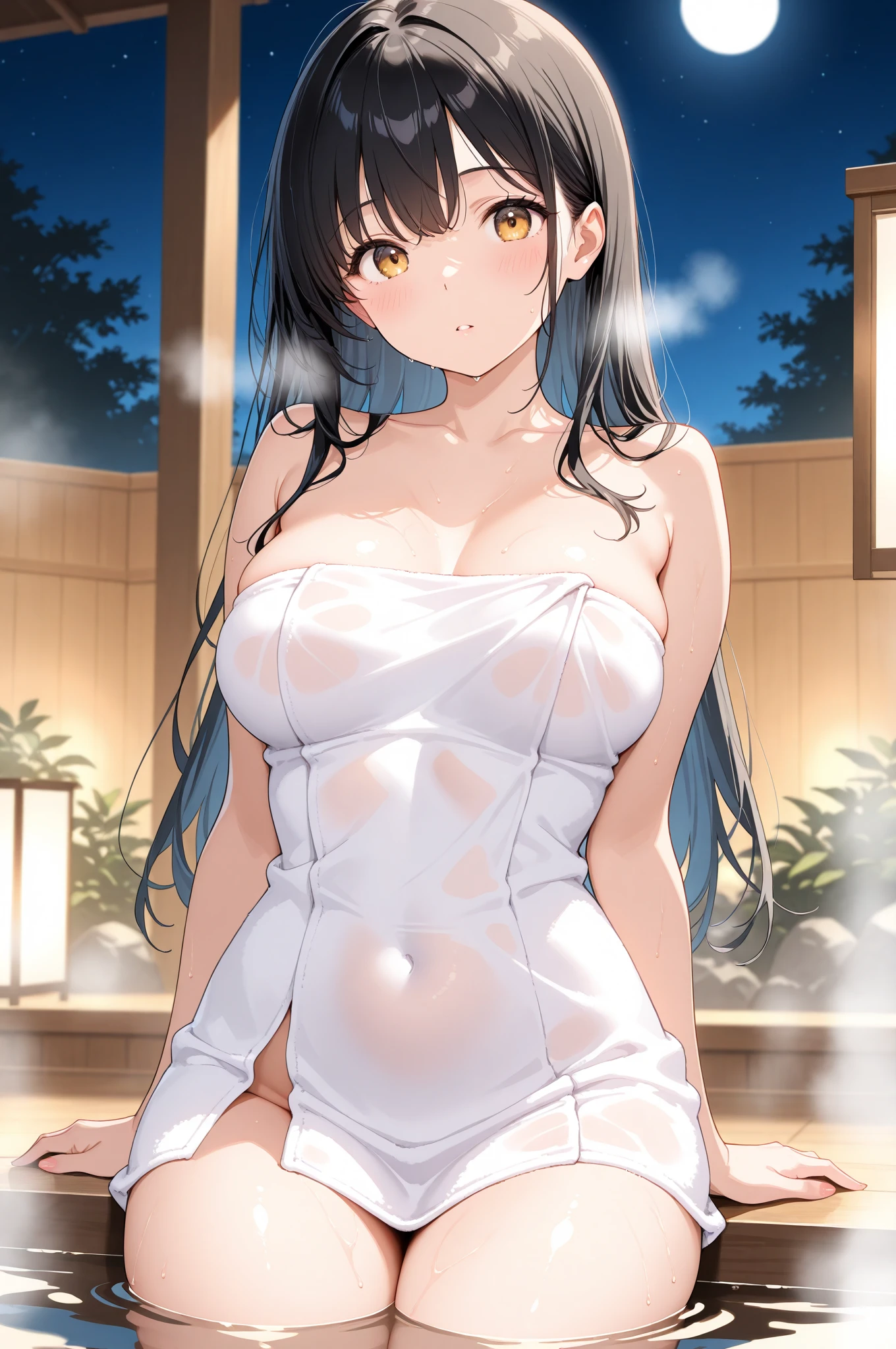 photorealistic, (4k), depth of field, (Masterpiece), (realistic skin texture), extremely detailed, intricate, hyper detailed, professional photography, bokeh, high resolution, sharp detail, best quality, woman, long hair, purple hair, (((((naked)))))ponytail, brown eyes, scar on face, white hairb, aUtahime, dynamic pose, (arms behind her back), open window, light rays, windowsill, annoyed,