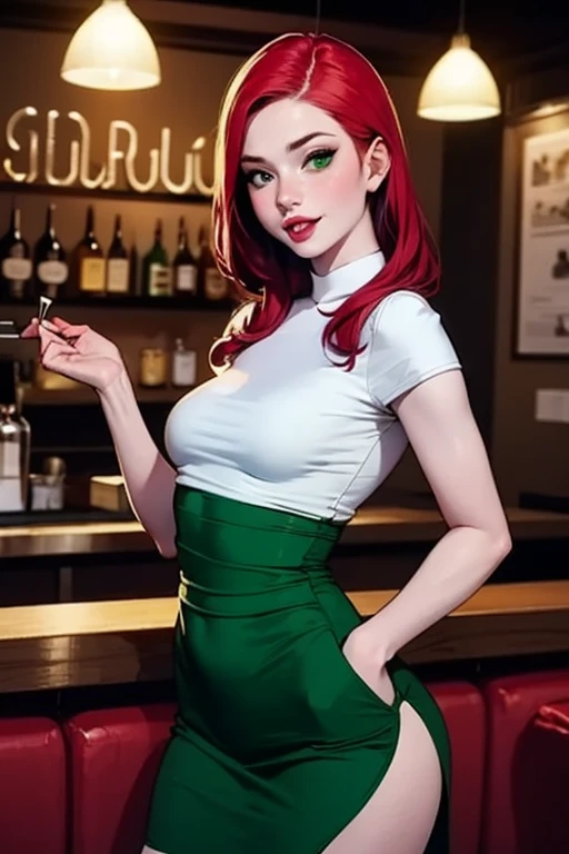 score_9, score_8_up, score_7_up, masterpiece, detailed, beautiful, seductive, girl, red hair, freckles, green eyes, tight short dress, large breasts, beautiful butt, holding a drink, in a pub, vibrant colors, realistic, highly detailed, warm lighting, full body