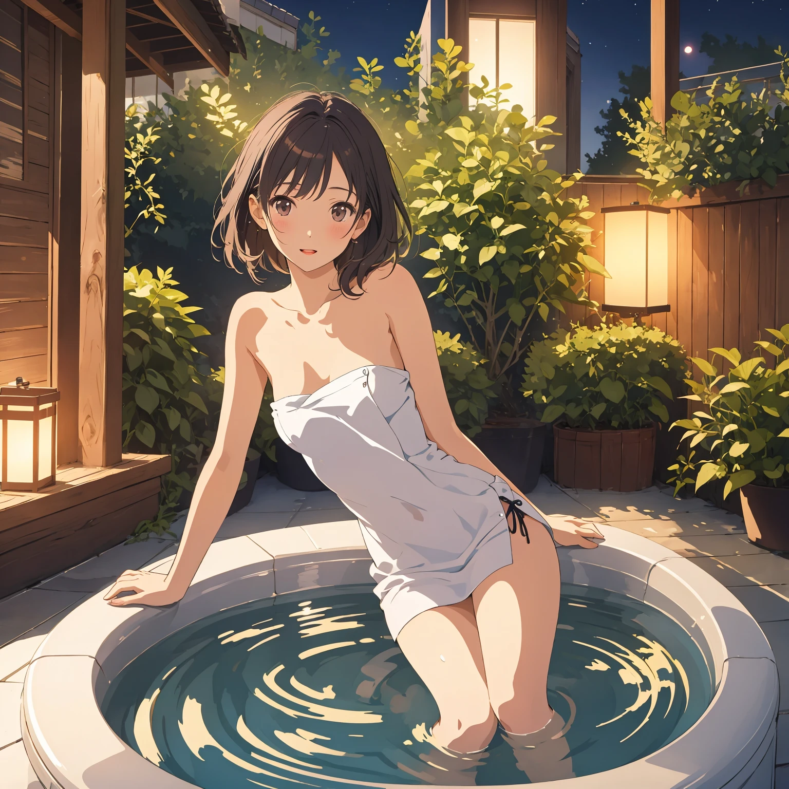best quality, masterpiece, solo, (Safe For Work:1.2), 1 Female、Age 25、(Soft Bust:1.2)、(Natural Breasts)、(Cleavage)、(Slender figure)、(naked towel)、Hide your breasts with a bath towel、(View your viewers:1.2)、from side、(Warm up in a hot spring)、(White highlight in pupil:1.2)、(Dark reddish brown eyes)、(Black-haired:1.2)、Wet Hair、(Shortcuts)、(White skin)、White beautiful skin、Wet Skin、(blush:1.2)、A shy smile、Closure、(Large hot spring bath:1.2)、(Open-air bath)、(steam:1.2)、(I blur the background a lot to make the woman stand out.:1.3)、(Fresh green scenery)