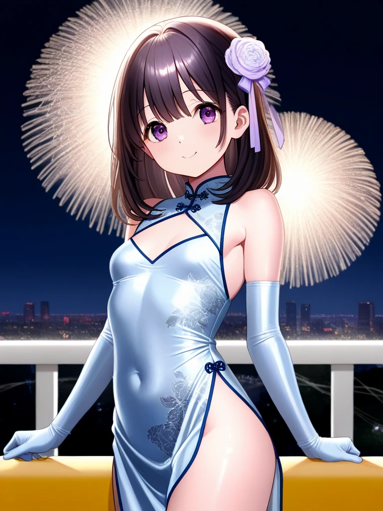 Woman, Brown HAir, Long Hair, Ponytail, (Brown Rabbit Ears), Blue Eyes, Very Large Breasts, ((Short Blue Translucent mini dress)), (((Translucid Dress))), High Heels, (On Balcony Watching Fireworks), at night