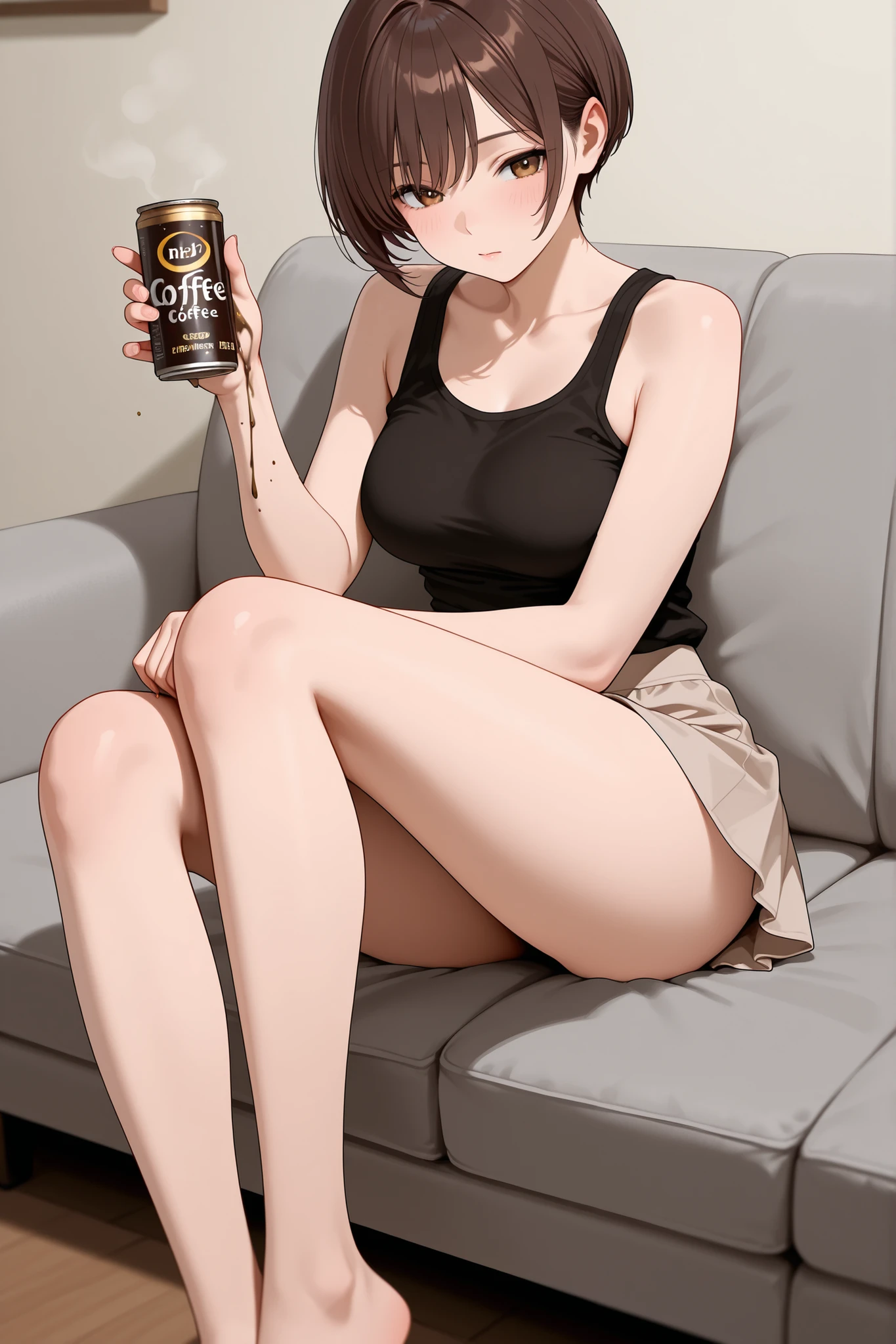 Shorthair, girl, sitting on the sofa, canned coffee on her hand, legs slightly spread, short skirt, tank top