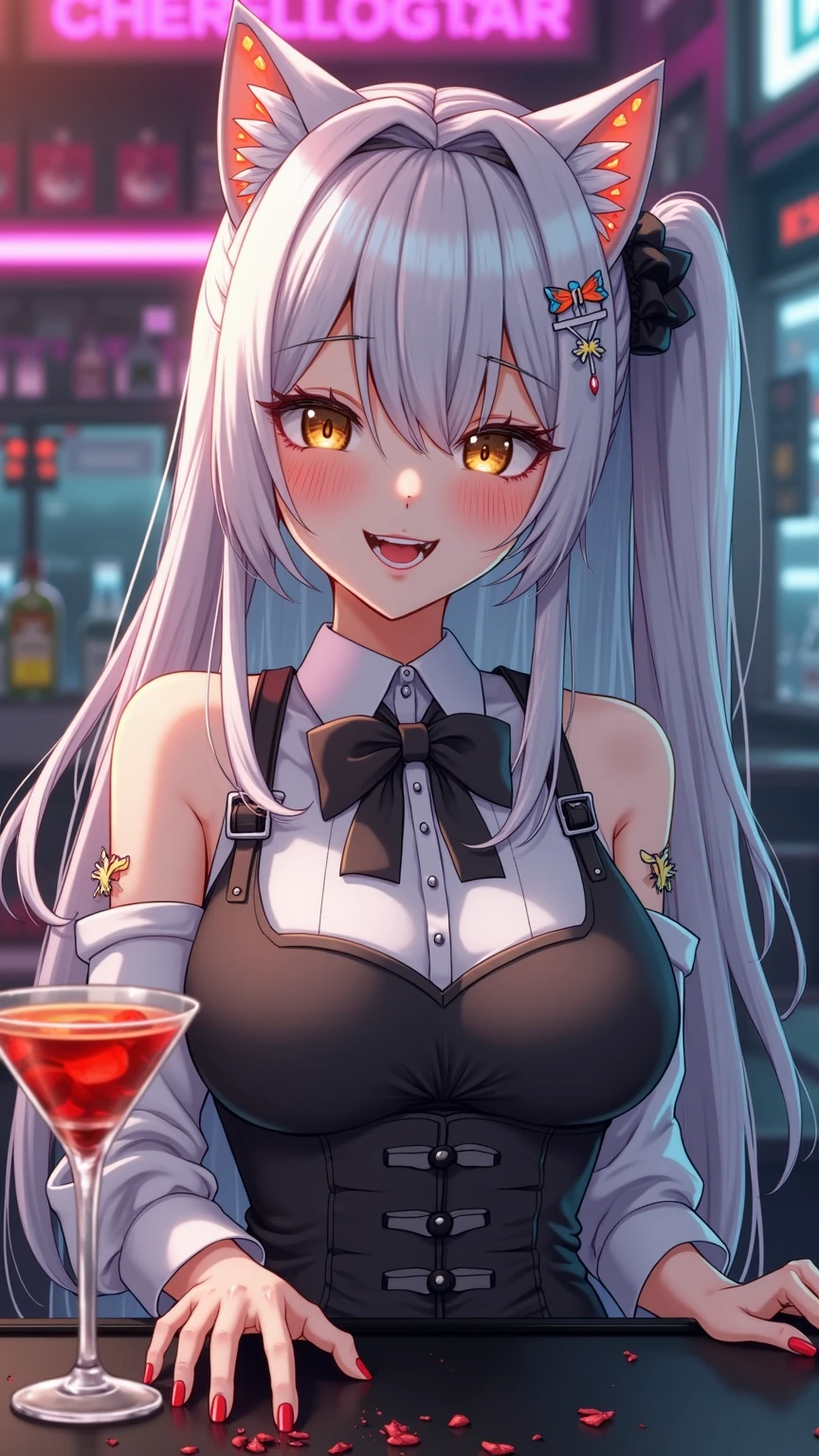 (top-quality、in 8K、32K、masterpiece、UHD、超A high resolution、Photorealsitic、realisticlying、profetional lighting、raw:1.4)、From below、detailed faces and eyes、Realistic pupils、Sharp pupils、Full body, (a bar counter、shop front:1.4)、beauitful face、blurry backround、16-year-old beautiful girl、shinny skin, (1The fox tail of the book grows:1.4)、Beautiful silver hair、short-hair、(poneyTail:1.2)、green colored eyes、Fox ears、hair adornments、Naughty open-mouthed smile、Curve、(White costume、Playboy Bunny Girl:1.2)、White High Cut Leotard、White cuffs、a bow tie、dynamicposes、Drinking alcohol