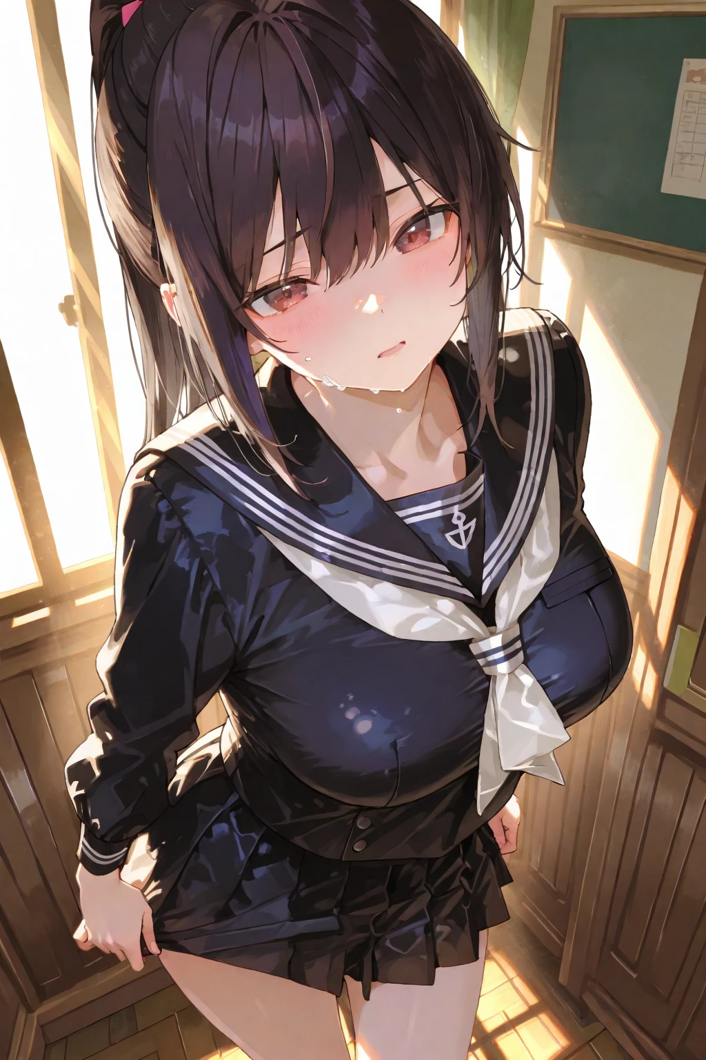 18 year old female, Big double eyes, black ponytail, wearing a white mask, Blue rubber gloves, school uniform,